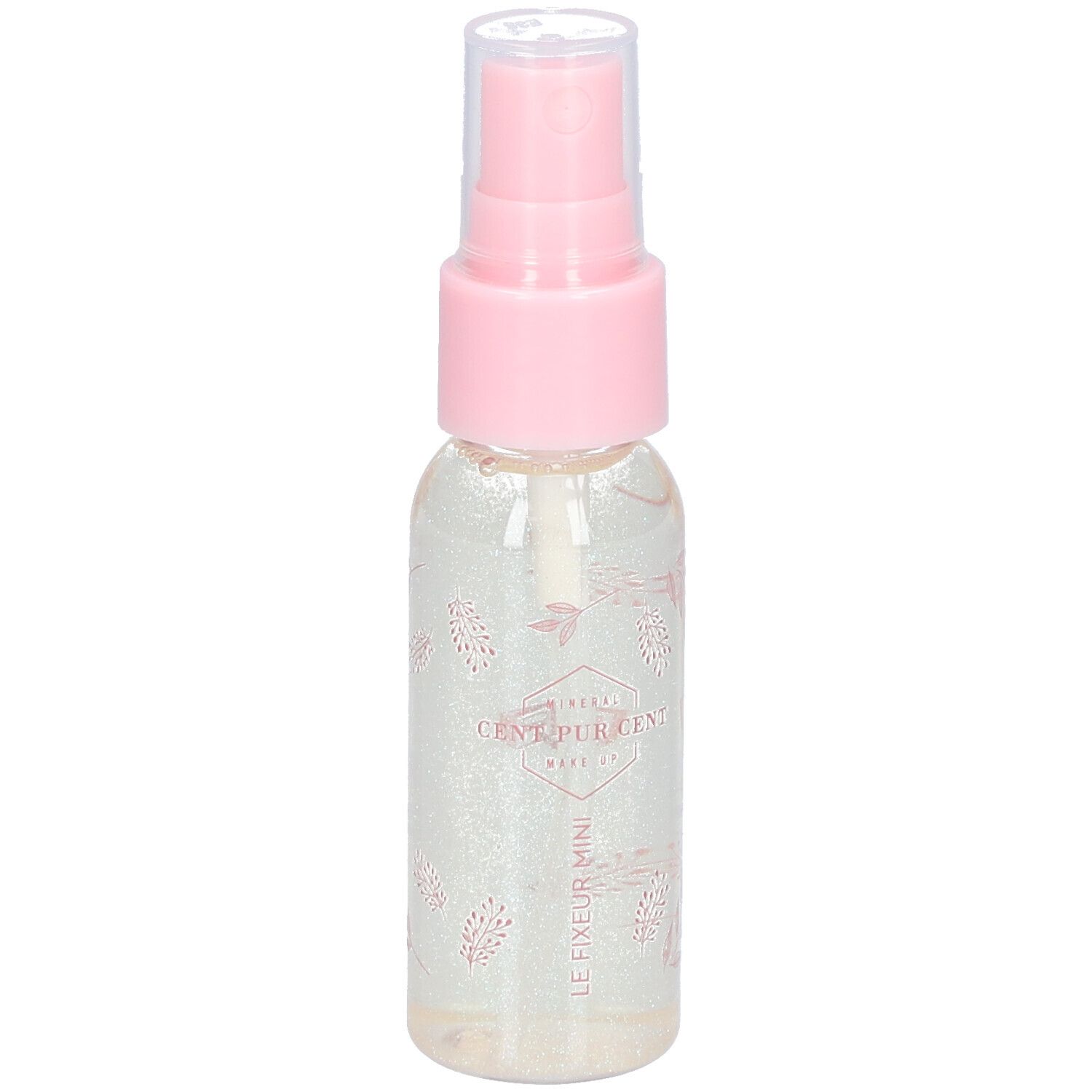 Flacon vaporisateur transparent avec tête rose. Inscription : CENT PUR CENT MAKE UP. LE FIXEUR MINI.
