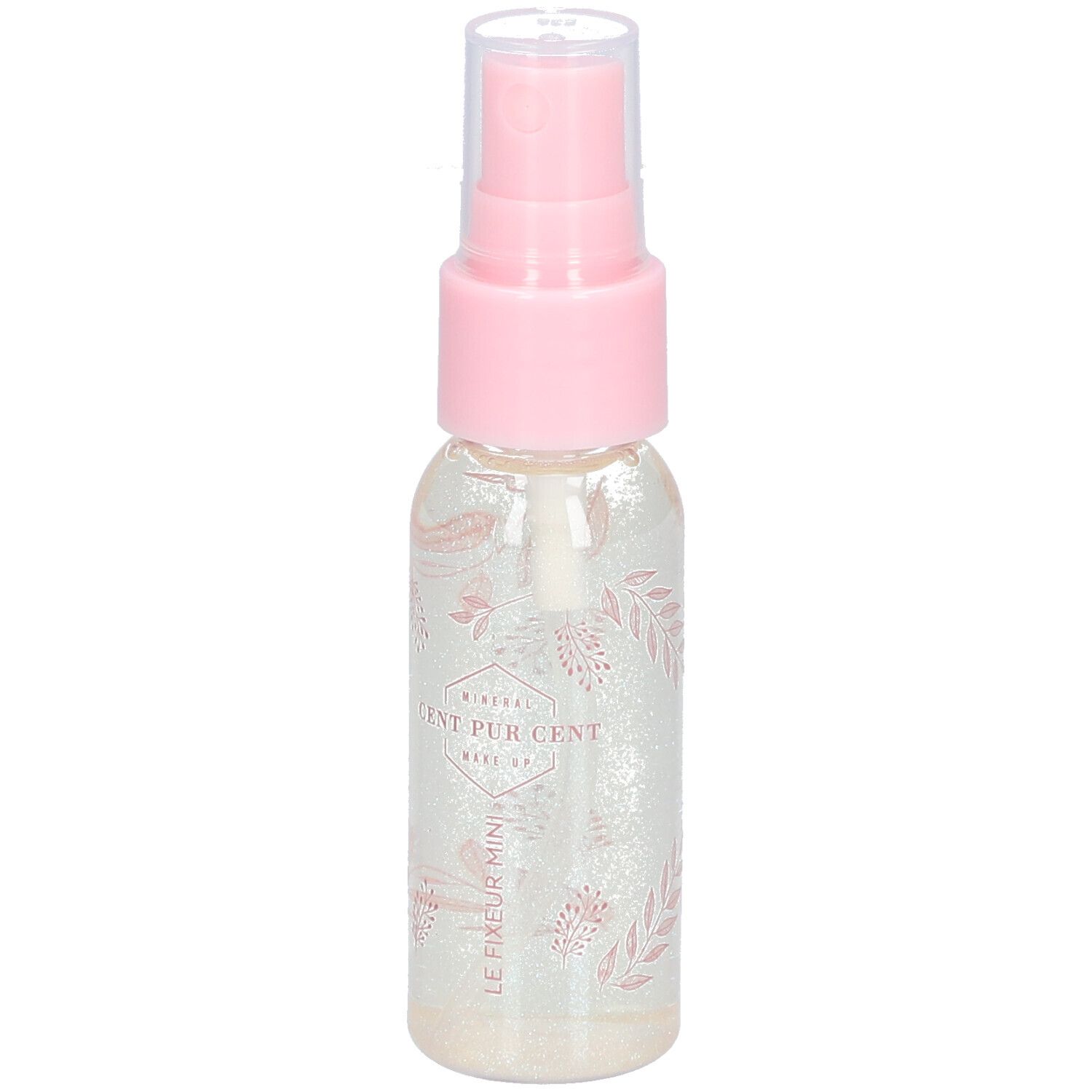 Flacon vaporisateur transparent avec tête rose. Inscription : CENT PUR CENT MAKE UP. LE FIXEUR MINI.