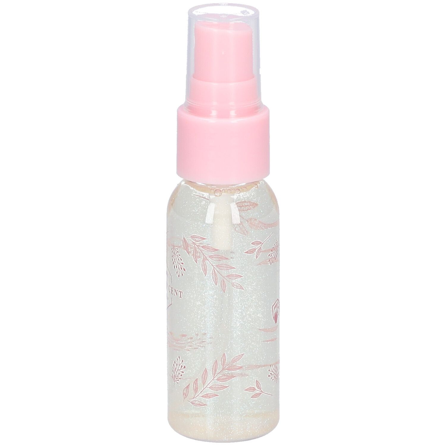 Flacon vaporisateur transparent avec tête rose. Inscription : CENT PUR CENT MAKE UP. LE FIXEUR MINI.