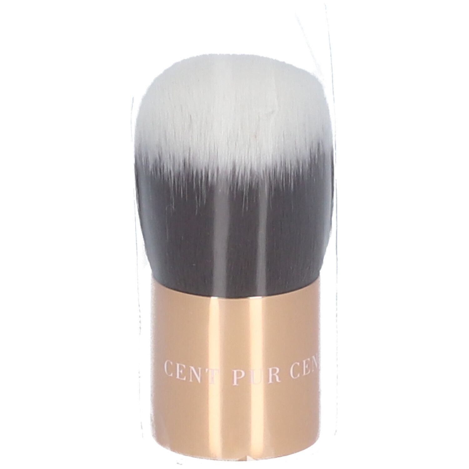 Mini pinceau Kabuki. Manche doré, poils noirs et blancs. Inscription "CENT PER CEN".