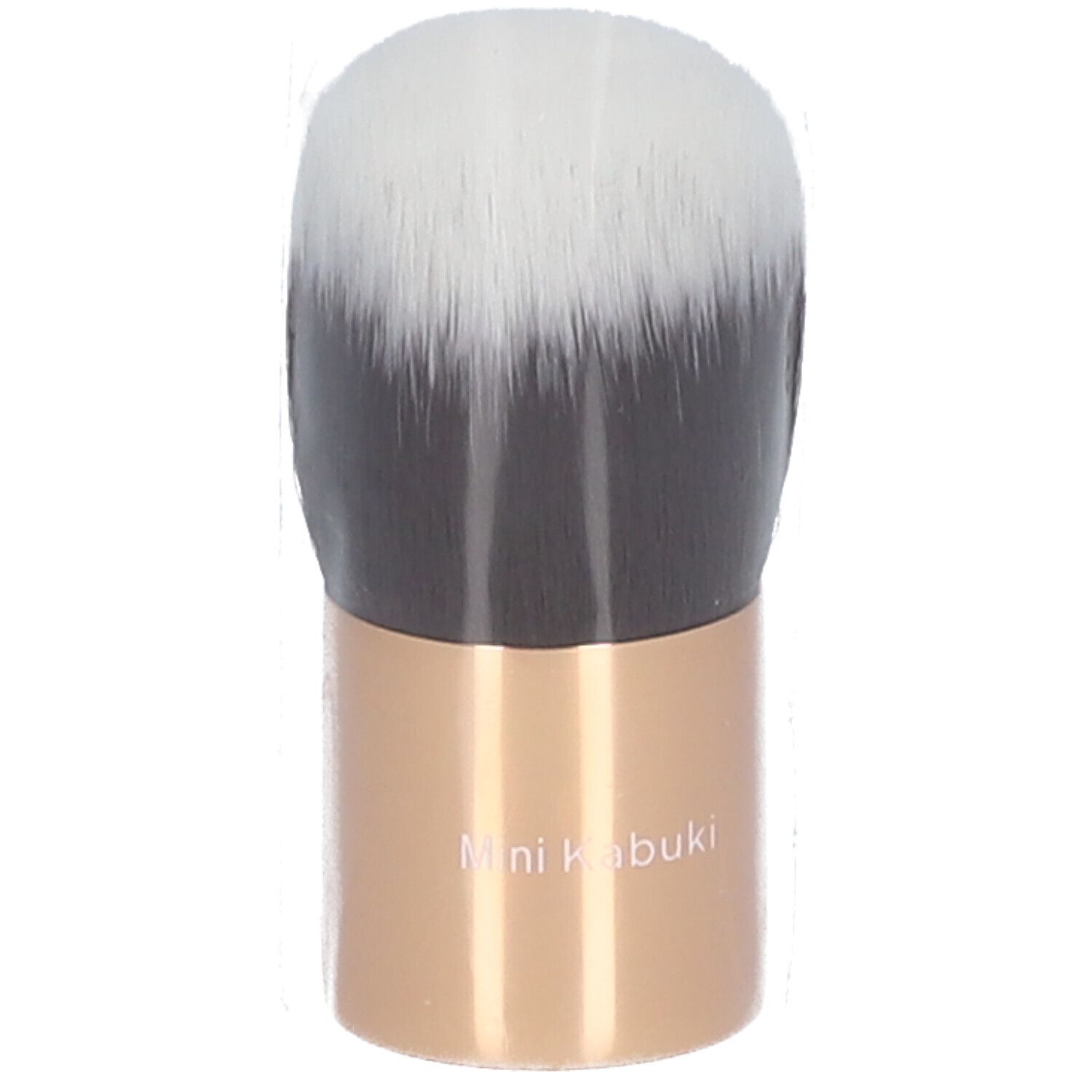 Mini pinceau Kabuki. Manche doré, poils noirs et blancs. Inscription "Mini kabuki".