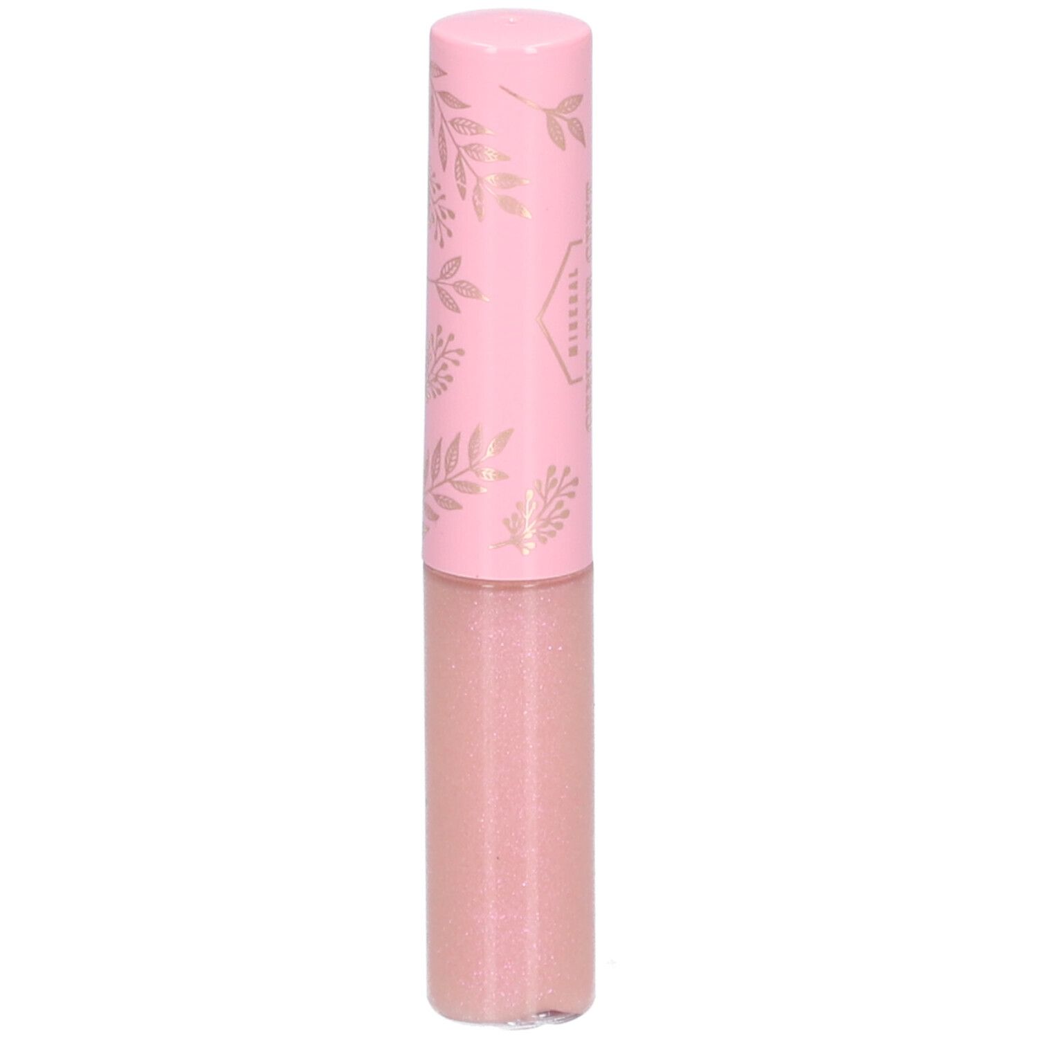 Rosa Lippenpflege mit goldfarbenen Blättern auf dem Deckel. Der transparente Behälter zeigt den Inhalt.