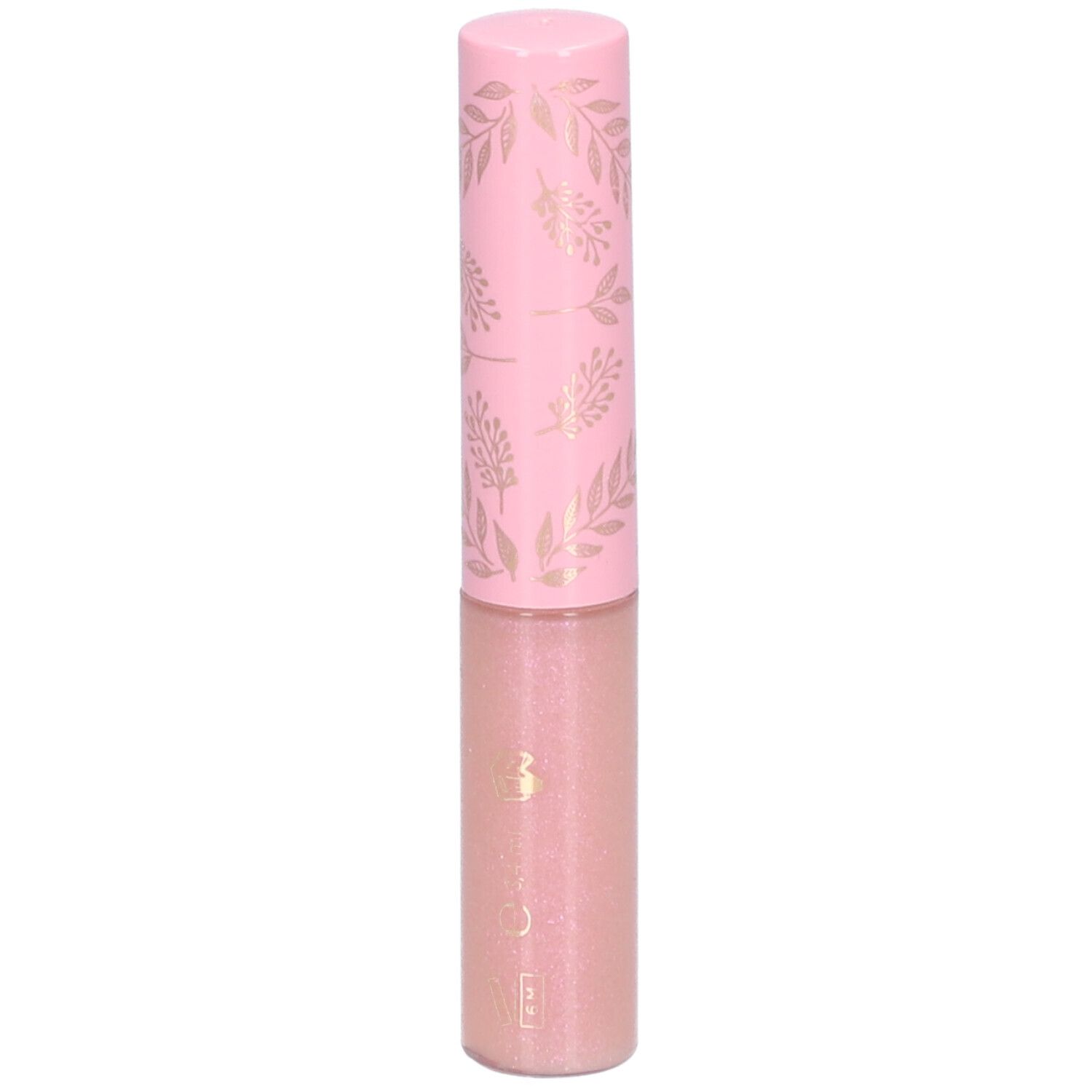 Rosa Lippenpflege mit goldfarbenen Blättern auf dem Deckel. Der transparente Behälter zeigt den Inhalt.