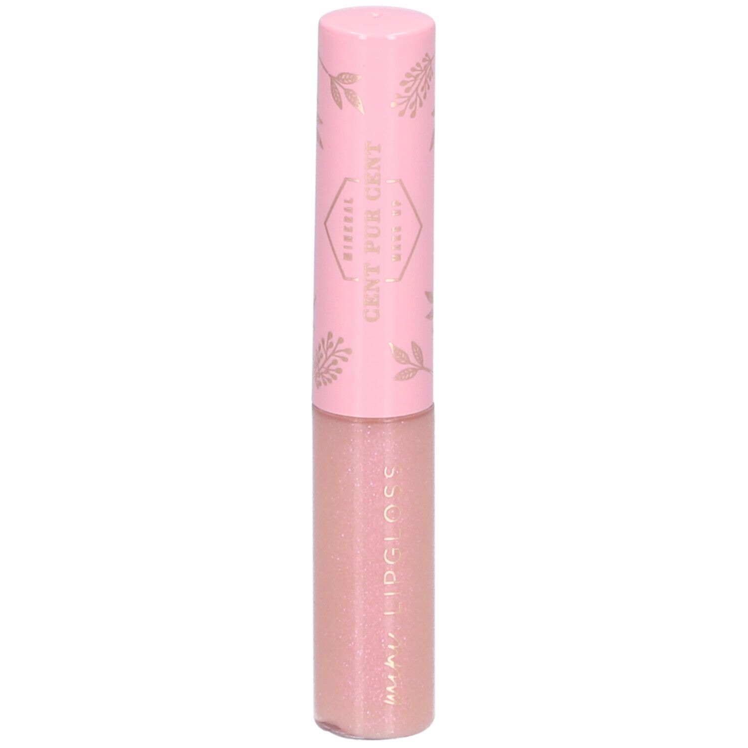 Rosa Lippenpflege mit goldfarbenen Blättern auf dem Deckel. Aufschrift: LUCKY LIPGLOSS. Transparenter Behälter.