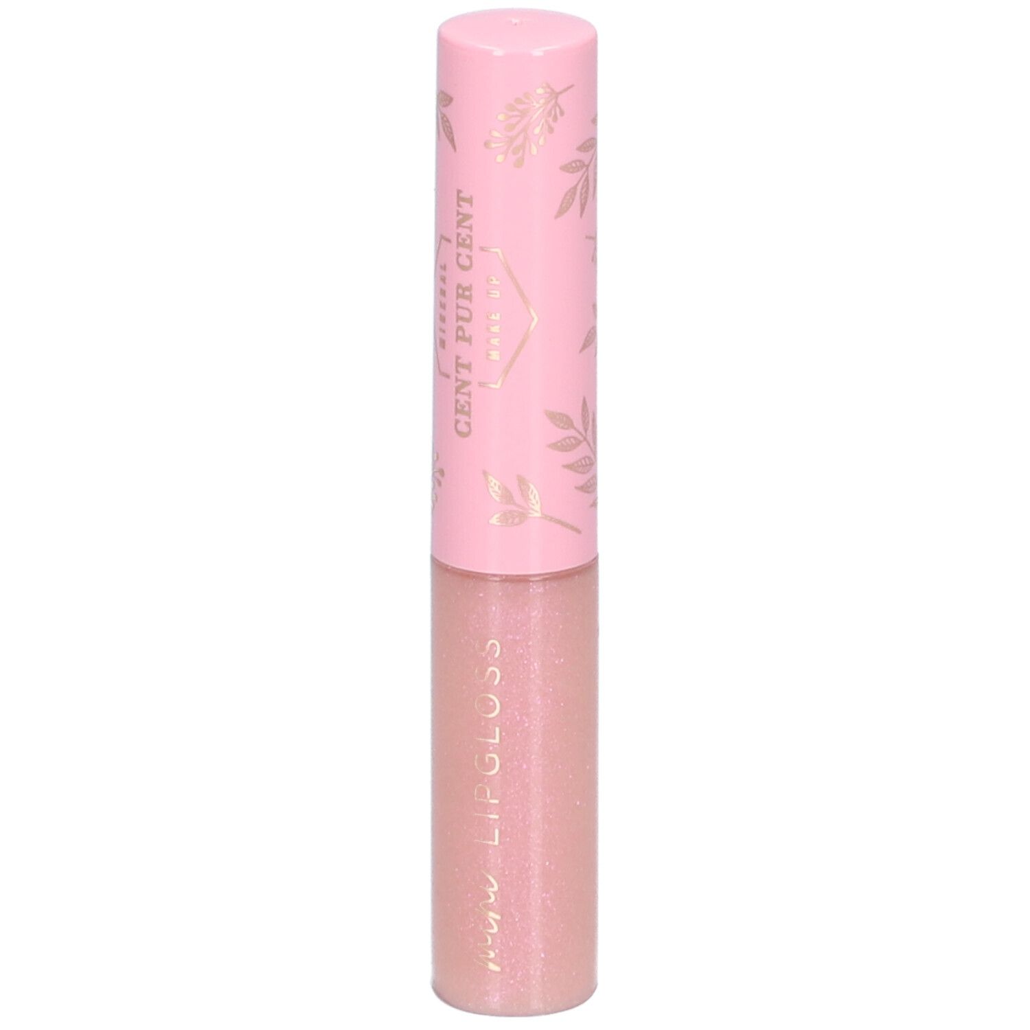 Rosa Lippenpflege mit goldfarbenen Blättern auf dem Deckel. Aufschrift: LUCKY LIPGLOSS. Transparenter Behälter.