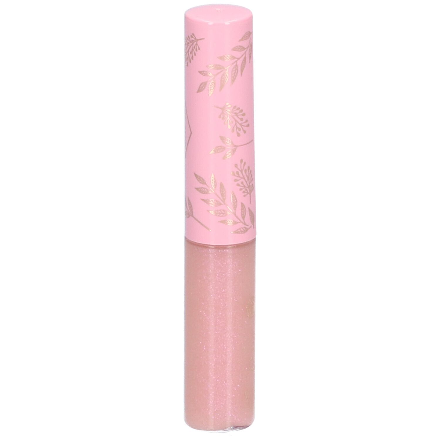 Rosa Lippenpflege mit goldfarbenen Blättern auf dem Deckel. Der transparente Behälter zeigt den Inhalt.