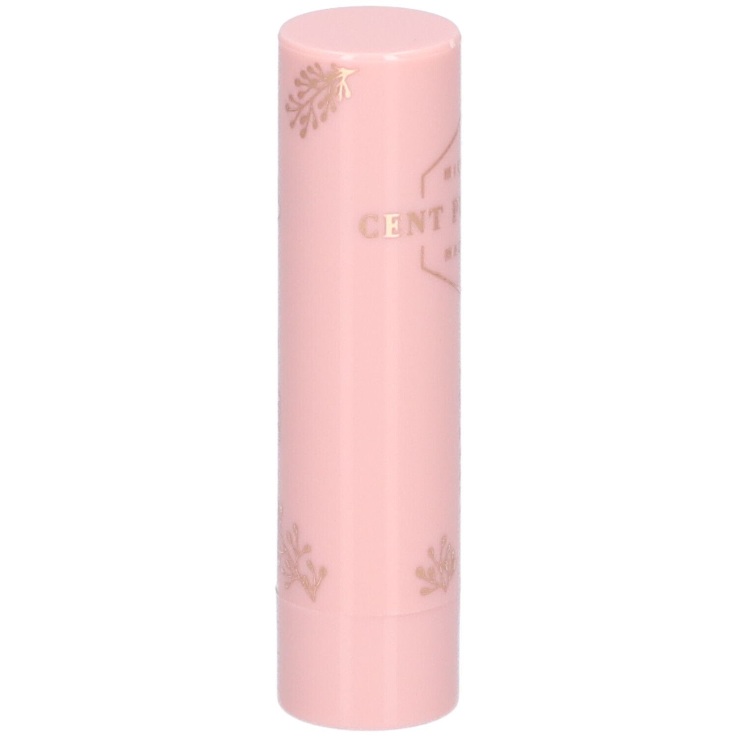 Rosa Lippenstift-Hülse mit goldfarbenem Logo und Schriftzug. Aufschrift: CENT PUR CENT.