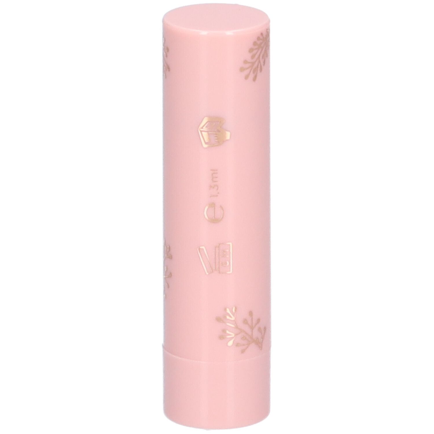 Rosa Lippenstift-Hülse mit goldfarbenen Details und Schriftzug. Aufschrift: 1,3ml.