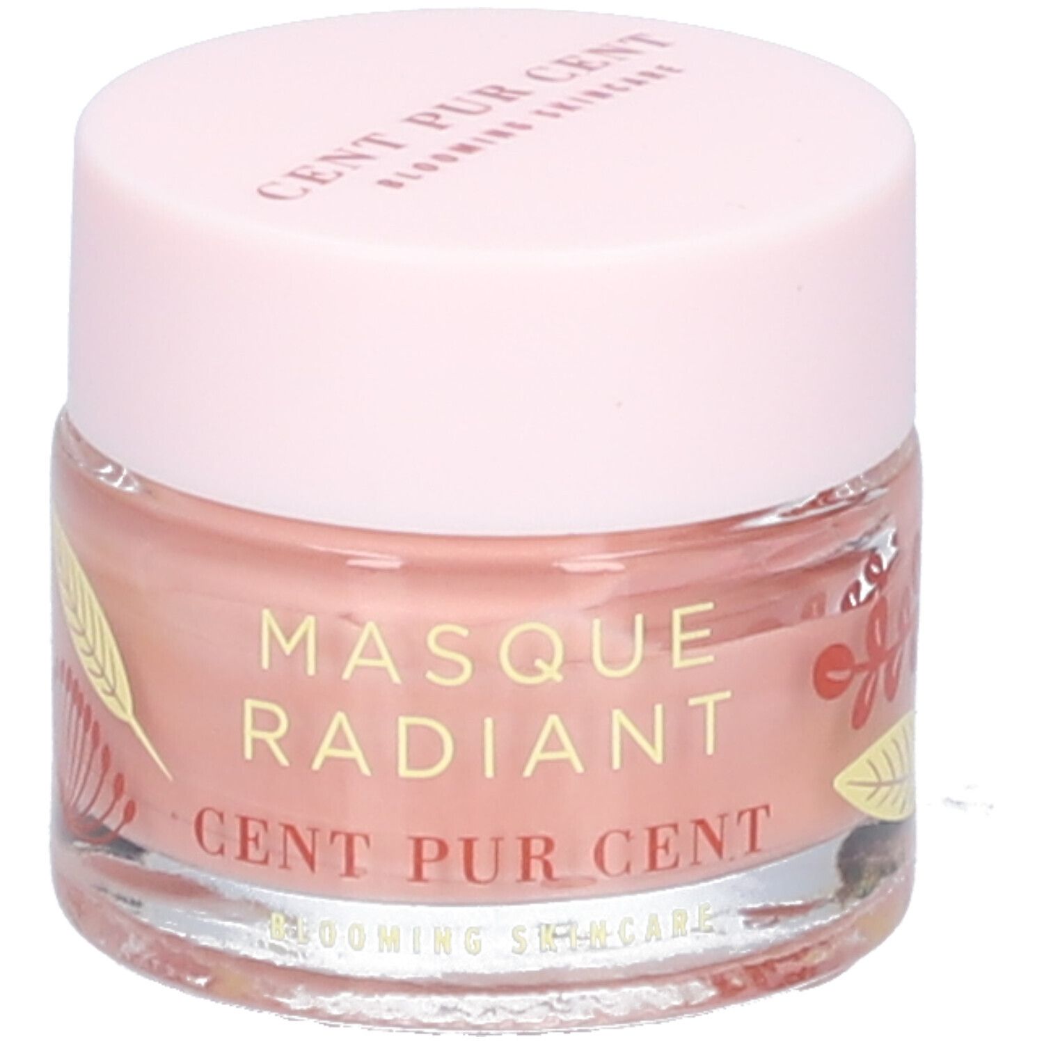 Potje met roze inhoud en deksel. Opschrift: Masque Radiant, Cent Pur Cent. Decoratieve elementen.