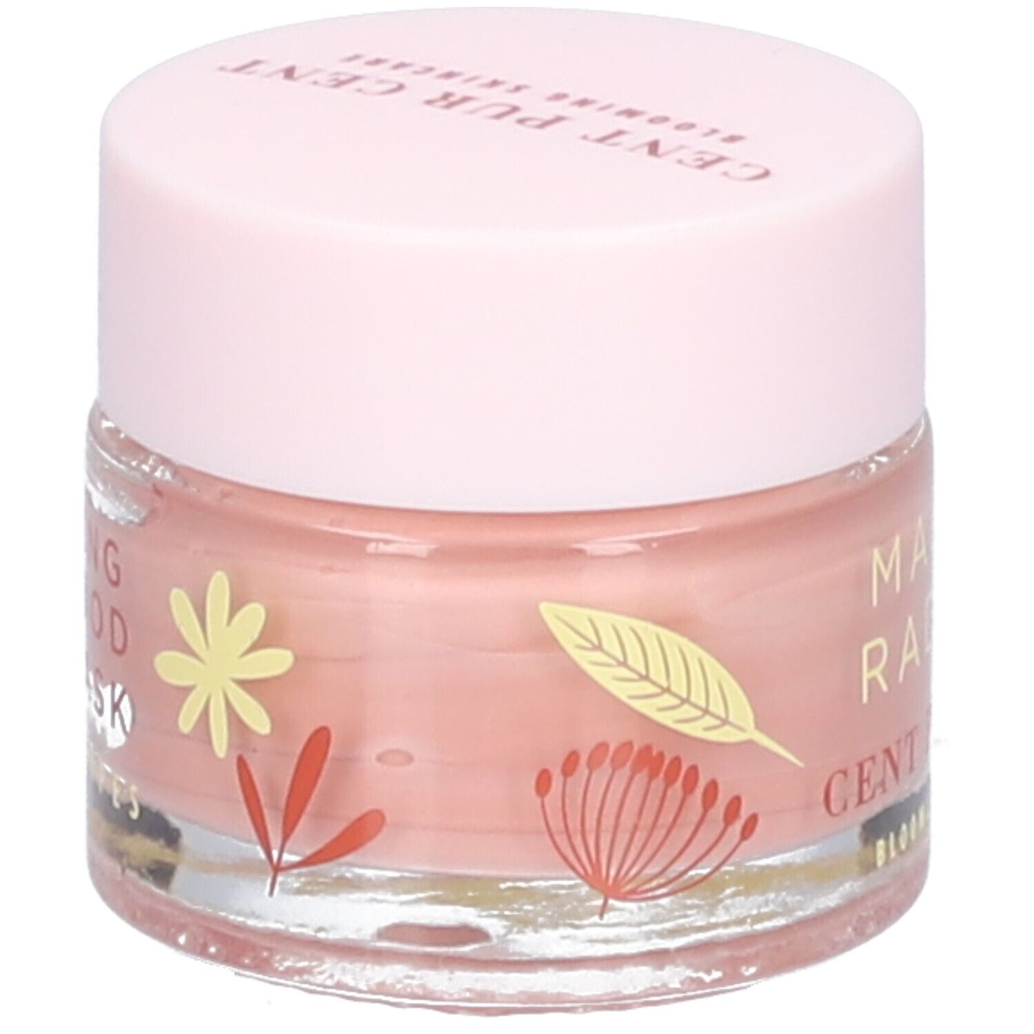 Potje met roze inhoud en deksel. Opschrift: Masque Radiant, Cent Pur Cent. Decoratieve elementen.