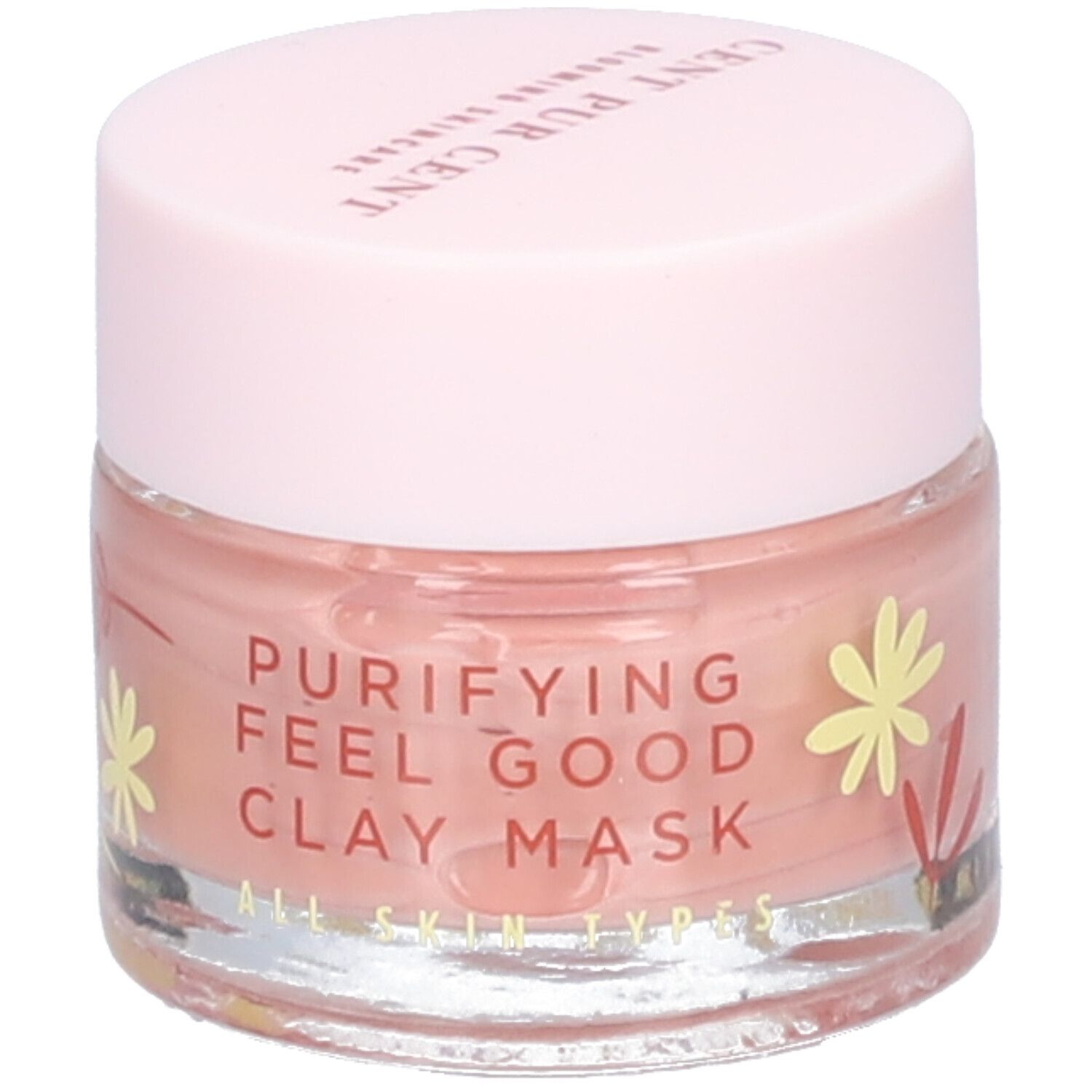 Potje met roze inhoud en deksel. Opschrift: Purifying Feel Good Clay Mask, Cent Pur Cent. Alle huidtypen.