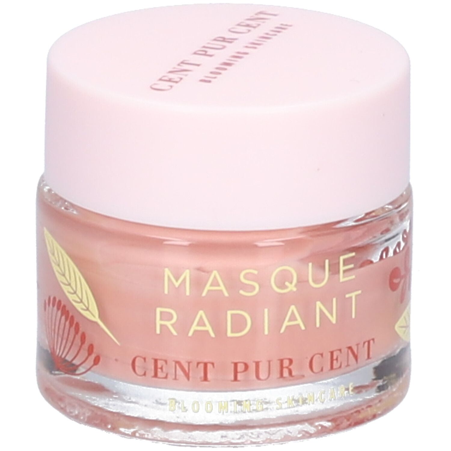 Potje met roze inhoud en deksel. Opschrift: Masque Radiant, Cent Pur Cent. Decoratieve elementen.