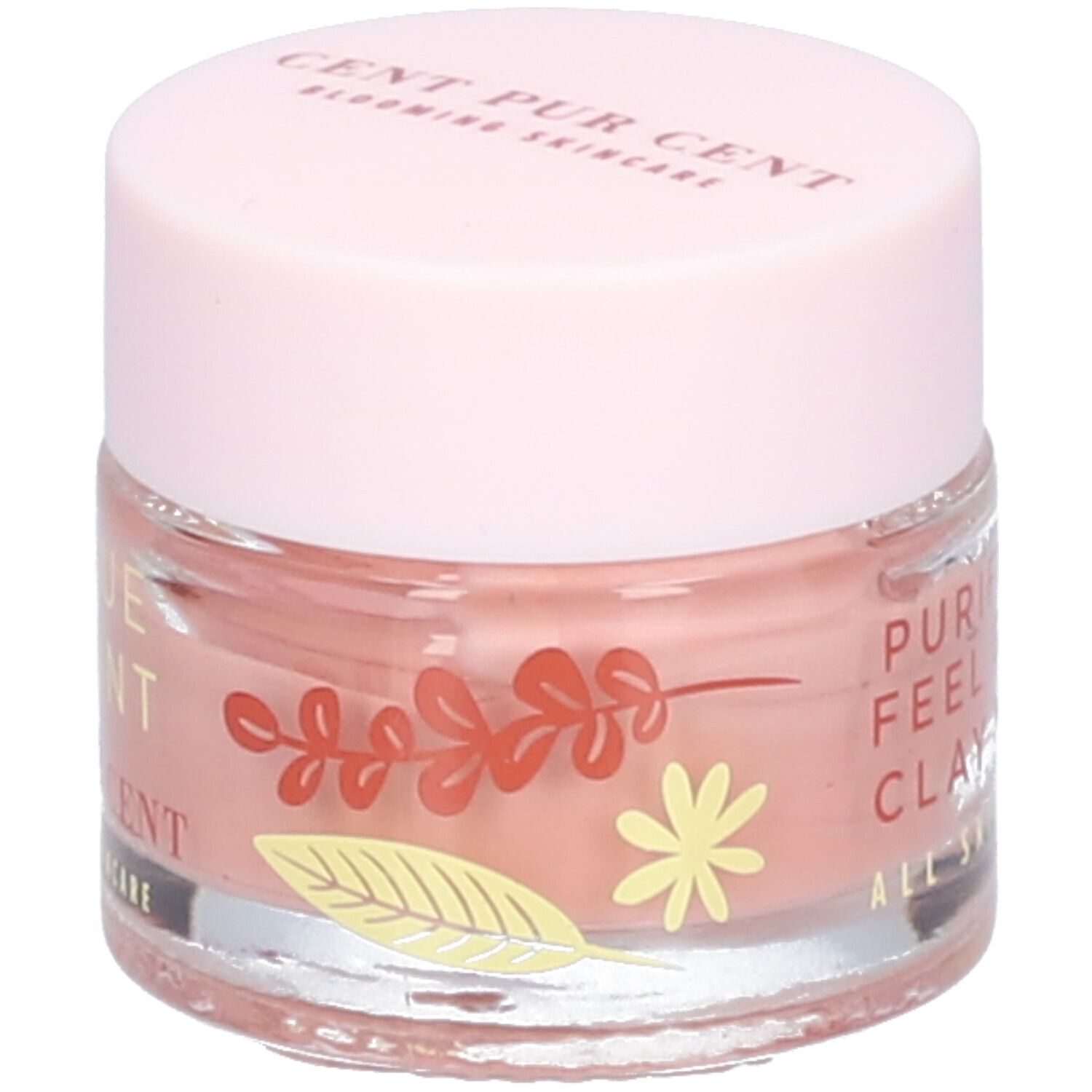 Potje met roze inhoud en deksel. Opschrift: Purifying Feel Good Clay Mask, Cent Pur Cent. Alle huidtypen.