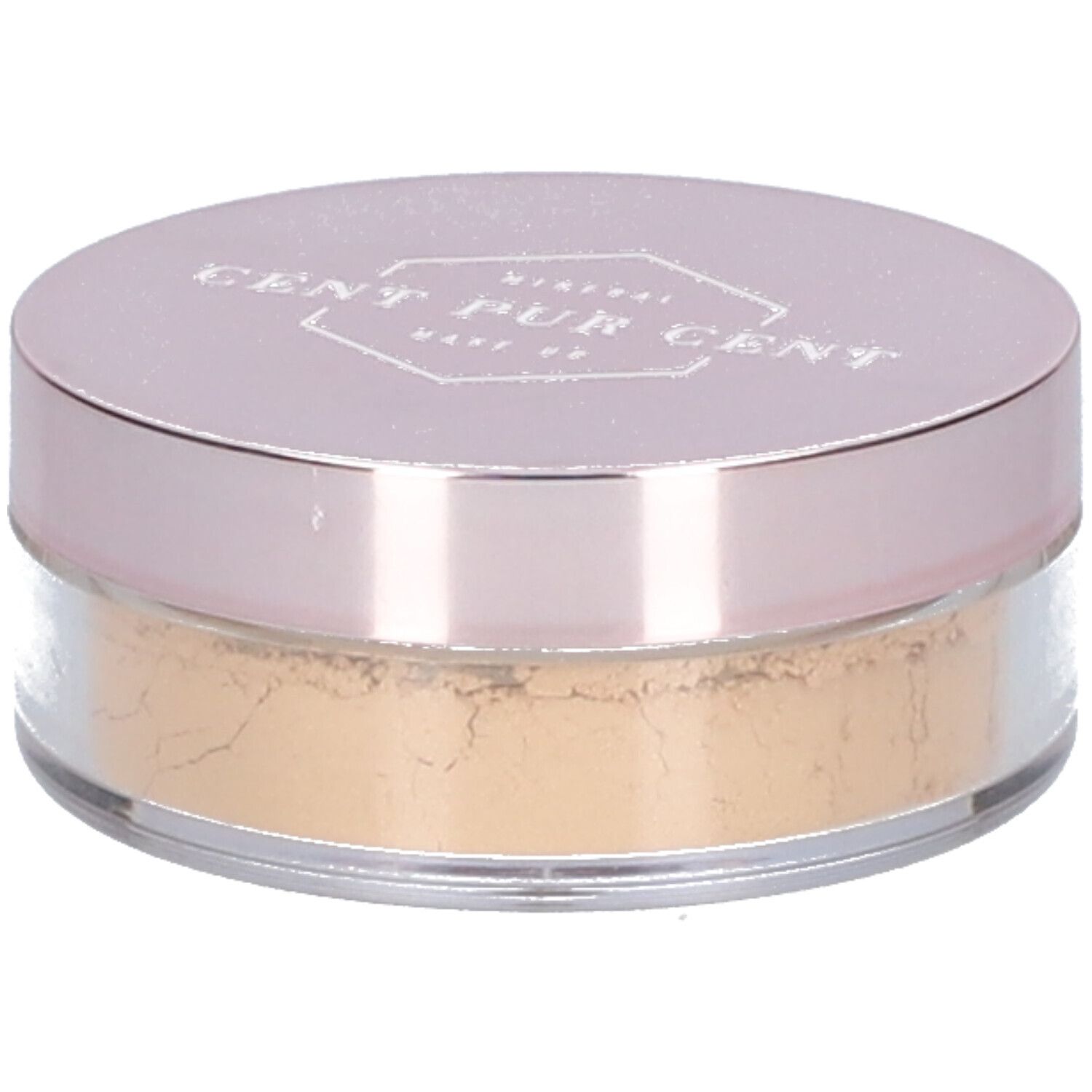 Runder Tiegel mit Mineral Foundation. Deckel mit Schriftzug CENT PUR CENT. Inhalt: helles Puder.