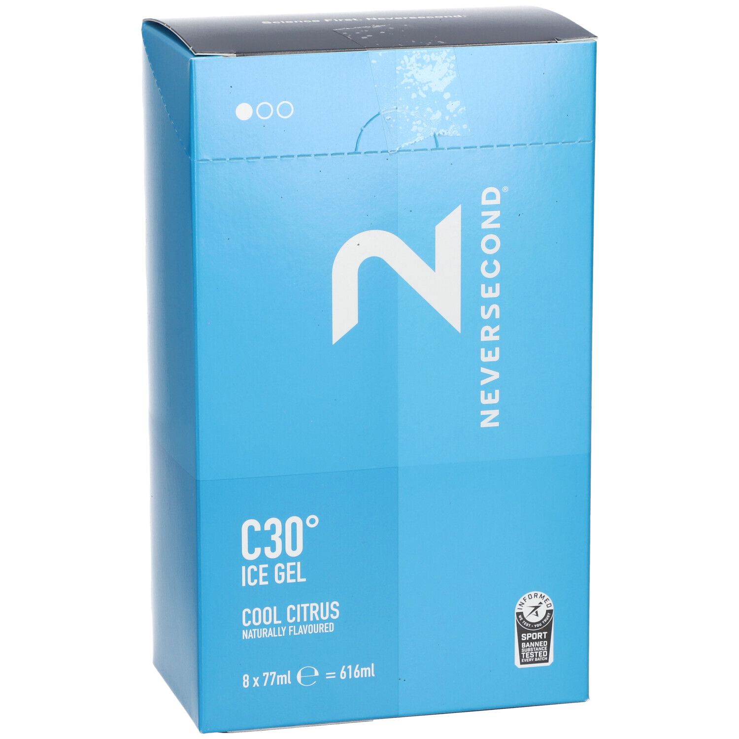 Hellblaue Verpackung mit weißem Logo und Schriftzug. Enthält C30° Ice Gel Cool Citrus. Vorderansicht.