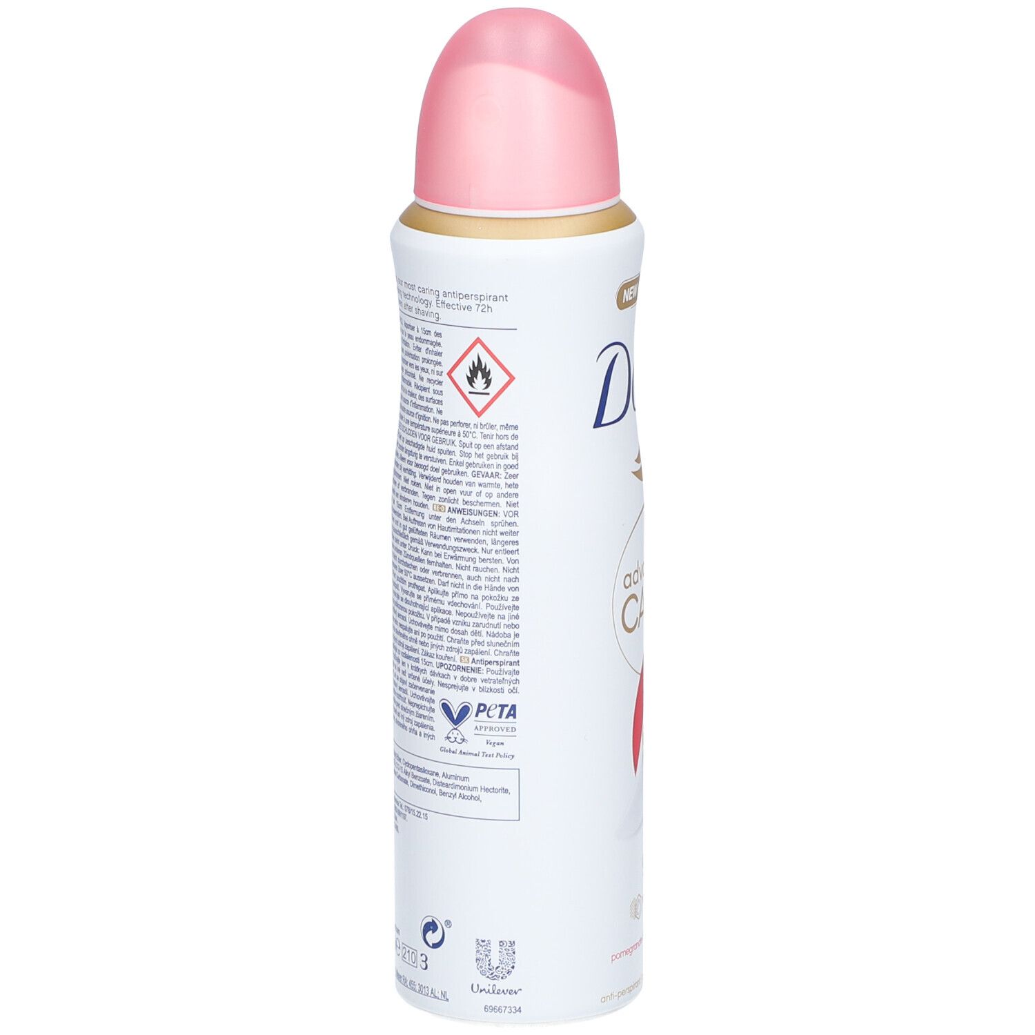 Weißes Spray mit rosa Kappe. Rückseite mit Text und Piktogrammen. PETA-Logo.