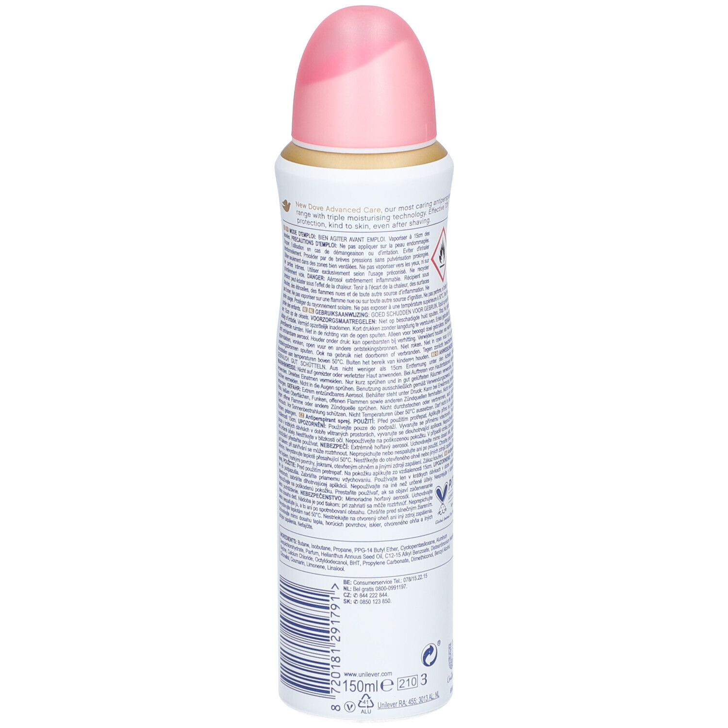 Weißes Spray mit rosa Kappe. Rückseite mit Text und Piktogrammen. PETA-Logo und Barcode.