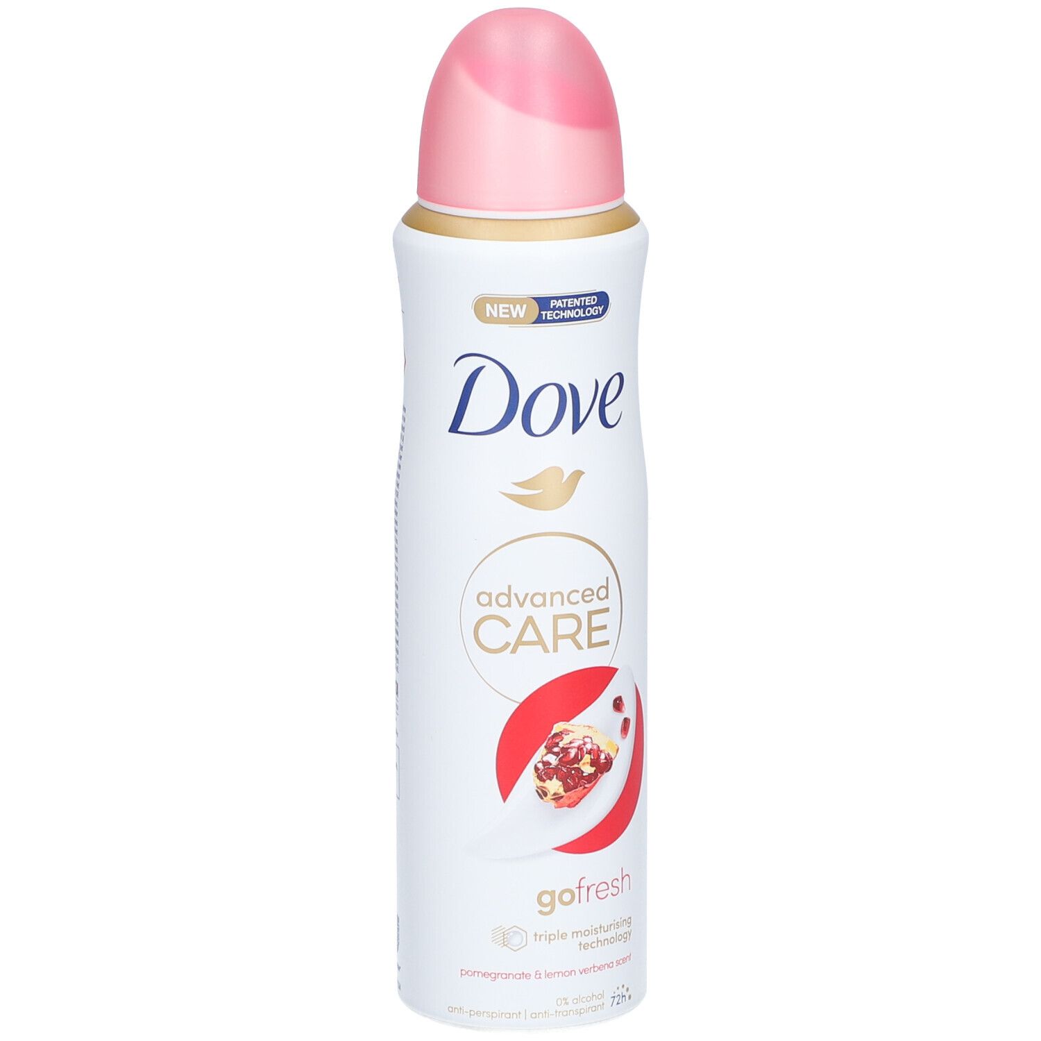 Weißes Spray mit rosa Kappe. Dove-Logo und Produktbezeichnung. Abbildung einer Granatapfel-Hälfte.