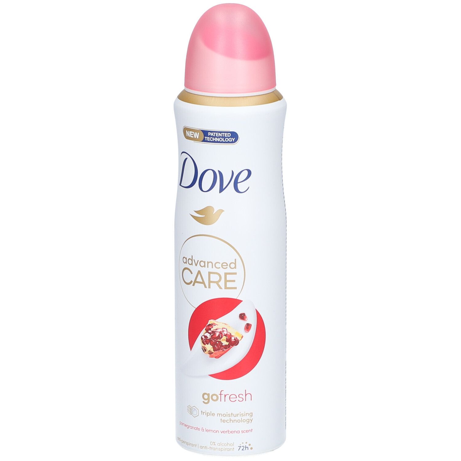 Weißes Spray mit rosa Kappe. Dove-Logo und Produktbezeichnung. Abbildung einer Granatapfel-Hälfte.