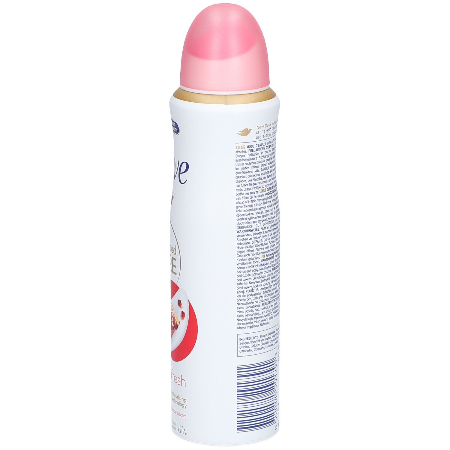 Weißes Spray mit rosa Kappe. Dove-Logo und Produktbezeichnung. Abbildung einer Granatapfel-Hälfte.