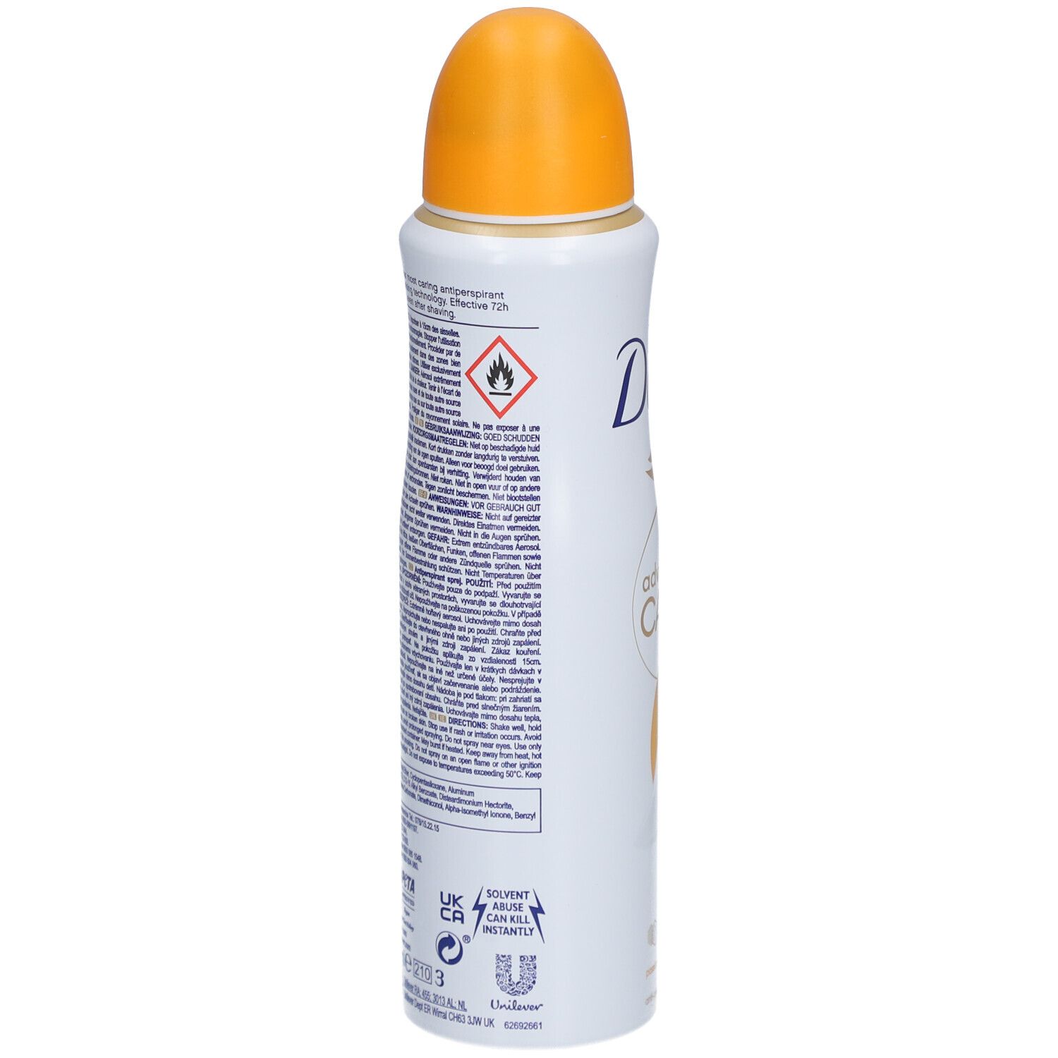 Dos du spray déodorant. Texte en plusieurs langues. Avertissement. Logo PETA. Code-barres et indication de volume.