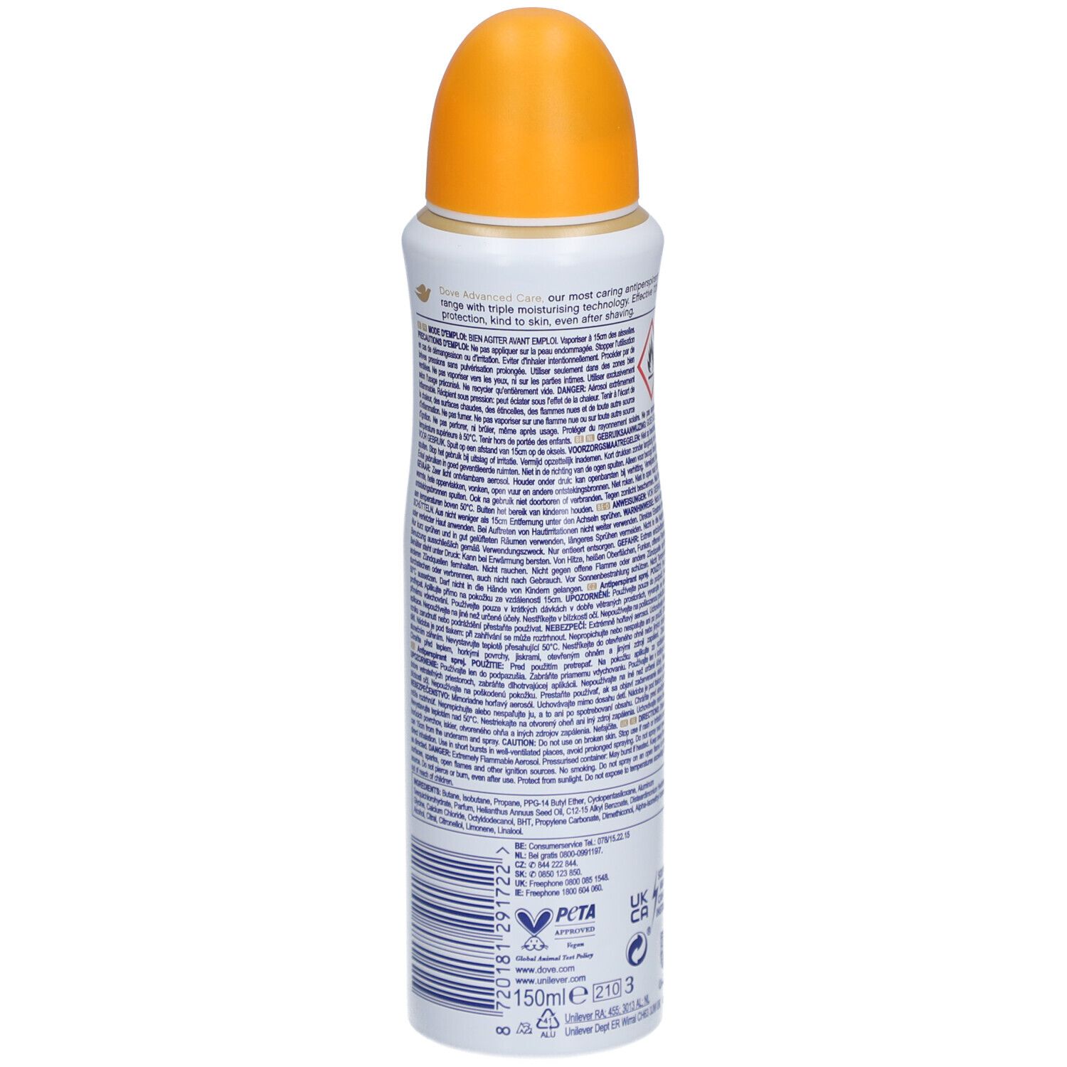 Dos du spray déodorant. Texte en plusieurs langues. Avertissement. Logo PETA. Code-barres et indication de volume.