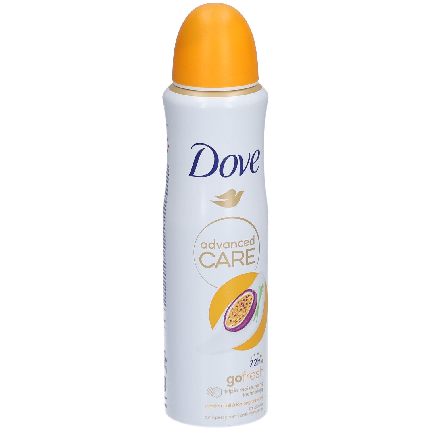 Spray déodorant blanc avec bouchon jaune. Logo Dove et nom du produit. Illustration d'un fruit de la passion. "Advanced Care" et "go fresh".