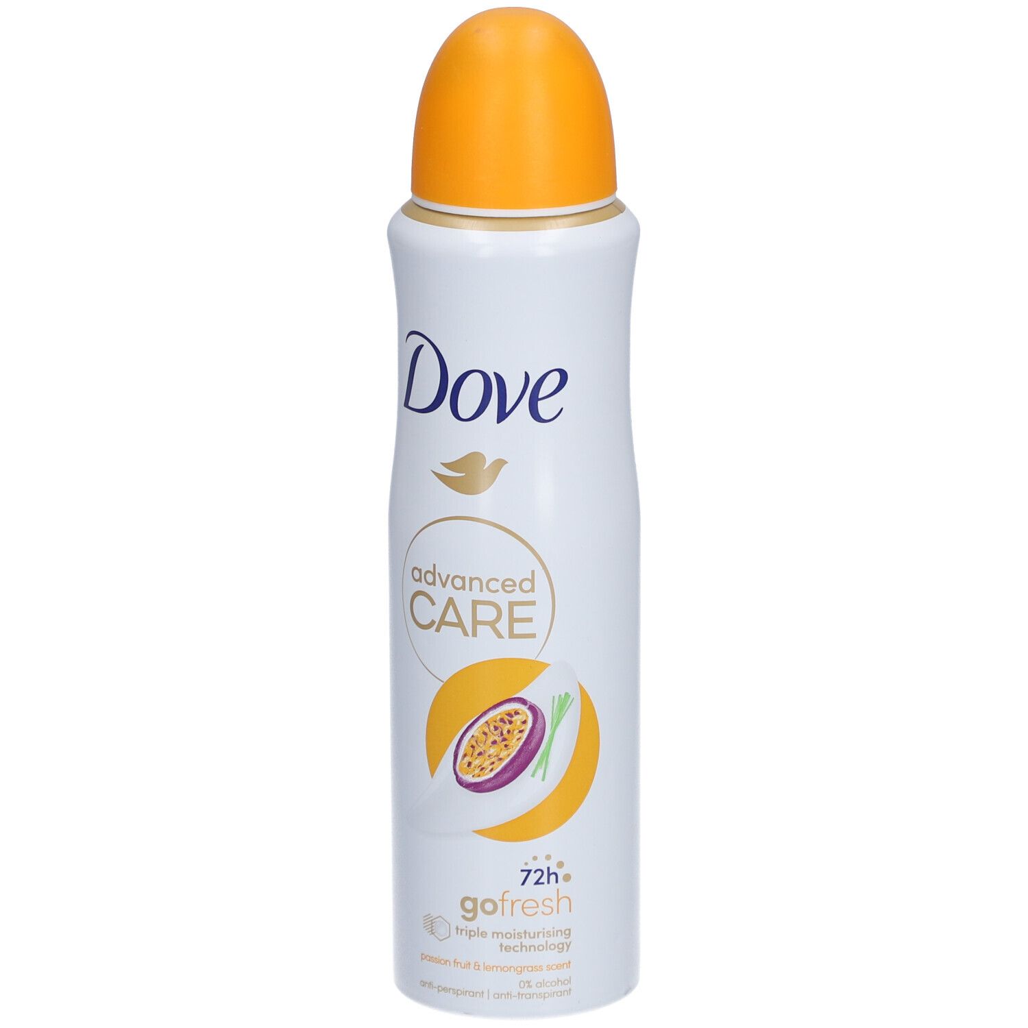 Spray déodorant blanc avec bouchon jaune. Logo Dove et nom du produit. Illustration d'un fruit de la passion. "Advanced Care" et "go fresh".