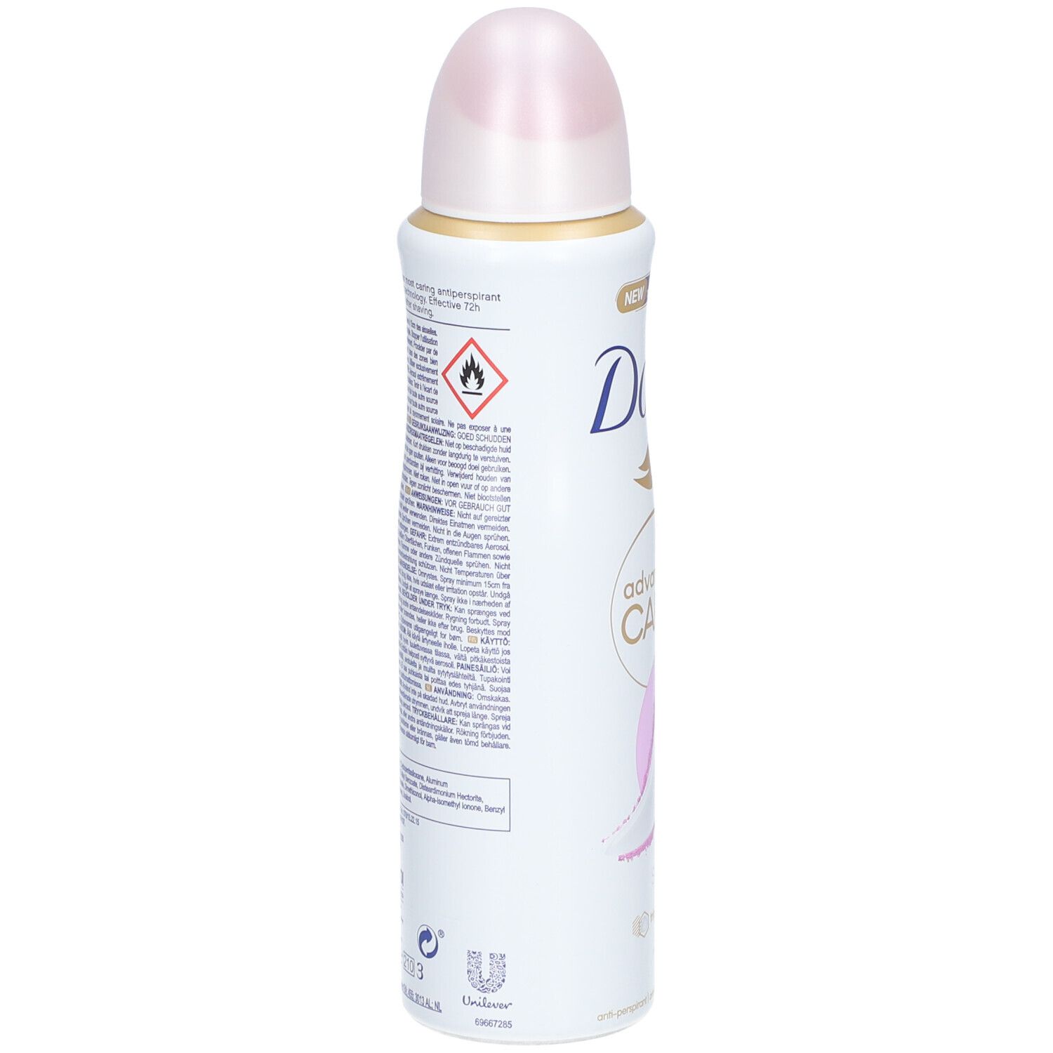 Deo-Spraydose, Rückseite mit Text. Warnhinweise und Inhaltsstoffe. Unilever-Logo und PETA-Logo sind sichtbar.
