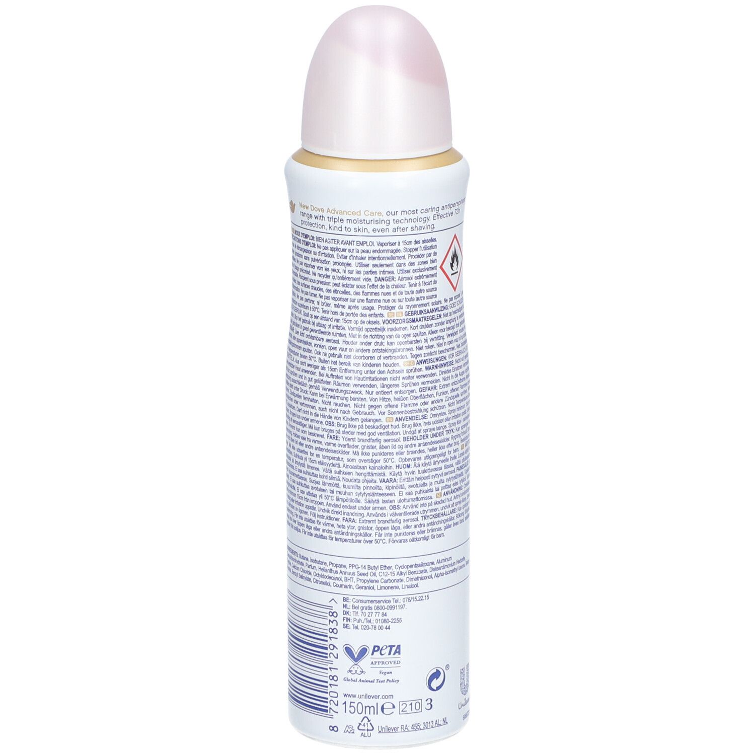 Deo-Spraydose, Rückseite mit Text. Warnhinweise und Inhaltsstoffe. PETA-Logo und Volumenangabe 150ml sind sichtbar.