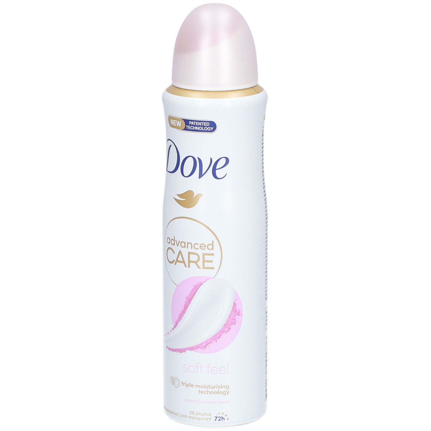 Deo-Spraydose, weiß mit rosa Akzenten. Dove-Logo und Produktbezeichnung. "Soft Feel" und "Advanced Care" sind sichtbar.