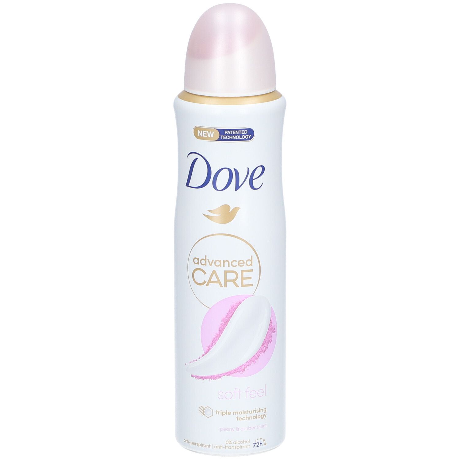 Deo-Spraydose, weiß mit rosa Akzenten. Dove-Logo und Produktbezeichnung. "Soft Feel" und "Advanced Care" sind sichtbar.