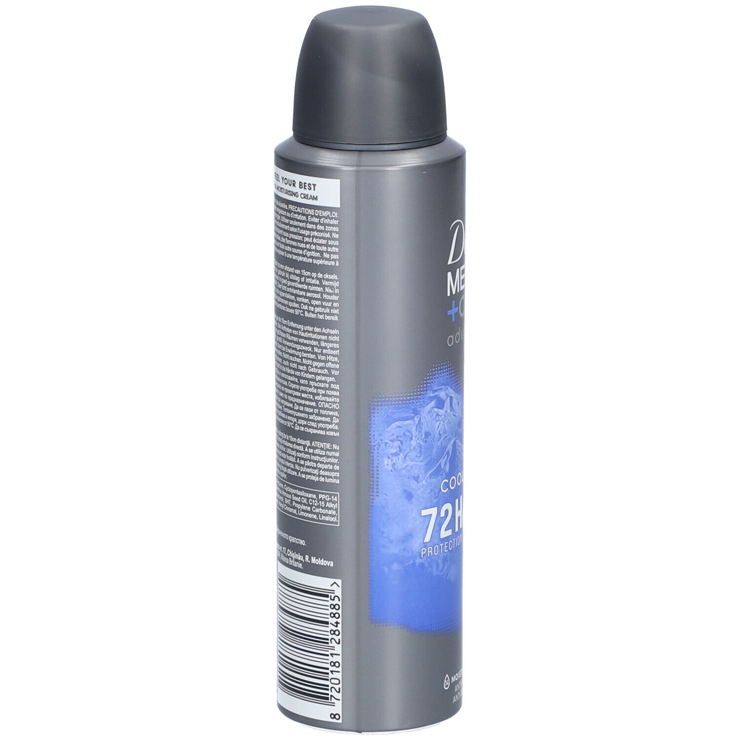Dove Men+Care deodorant spray. Achterkant met tekst en barcode. Grijze bus met blauwe achtergrond en witte tekst.