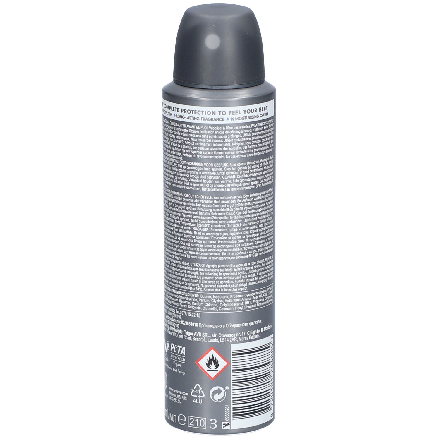Dove Men+Care deodorant spray. Achterkant met tekst, PETA-logo en waarschuwingssymbolen. Grijze bus met zwarte spuitkop.