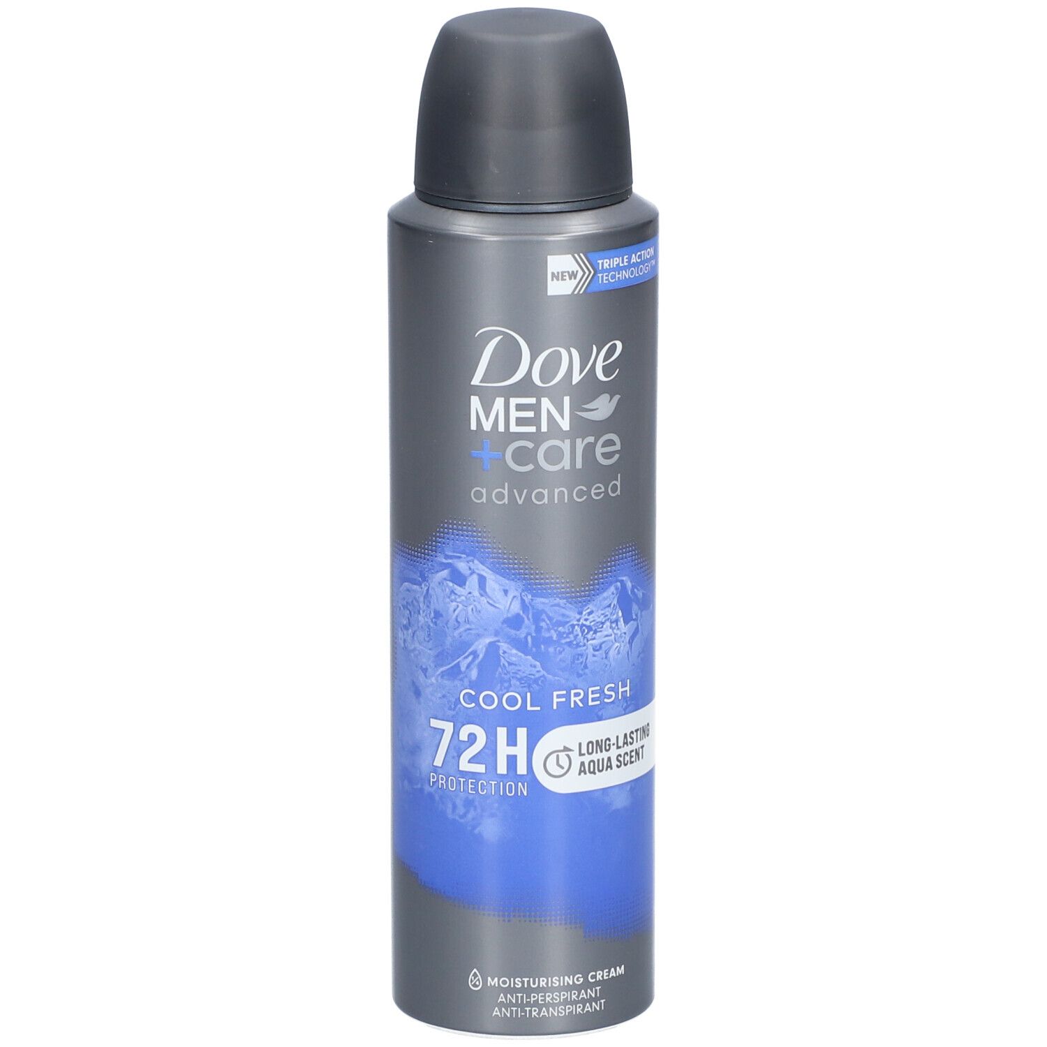 Dove Men+Care deodorant spray. Grijze bus met blauw design en spuitkop. Opschrift: Cool Fresh, 72H Protection.