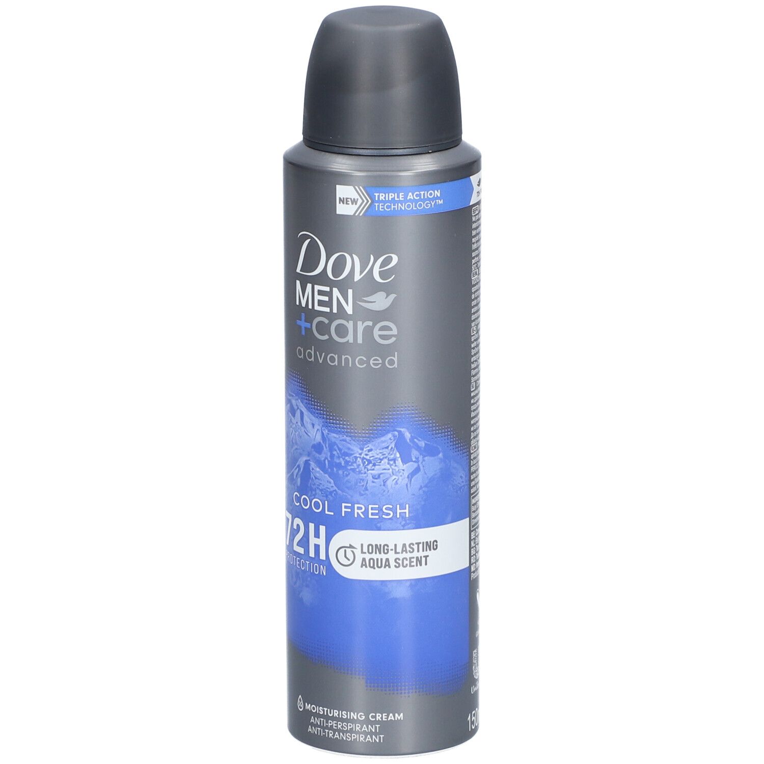 Dove Men+Care deodorant spray. Grijze bus met blauw design en spuitkop. Opschrift: Cool Fresh, 72H Protection, Aqua Scent.
