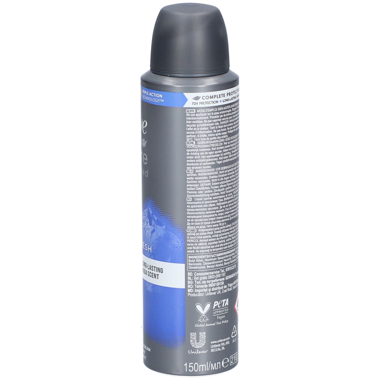 Dove Men+Care deodorant spray. Achterkant met tekst, PETA-logo en volume-aanduiding. Grijze bus met blauw design.
