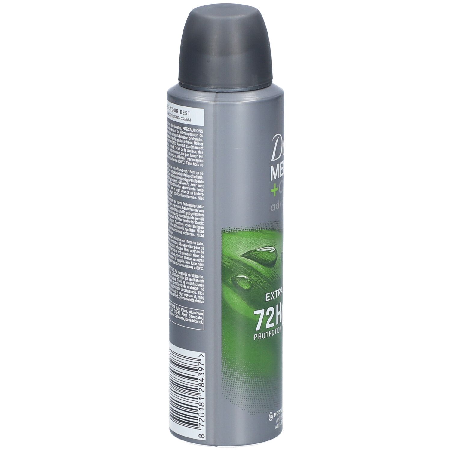 Deo-Spraydose, grau. Dove Men+Care. Text auf der Seite. Barcode. Grüne Grafik mit Tropfen. Grauer Deckel. 72H Schutz.