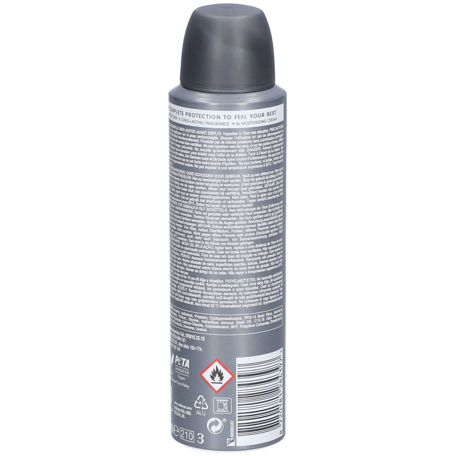 Deo-Spraydose, grau. Text auf der Rückseite. PETA-Logo. Warnhinweise. Grauer Deckel. Aluminium-Recycling-Symbol.