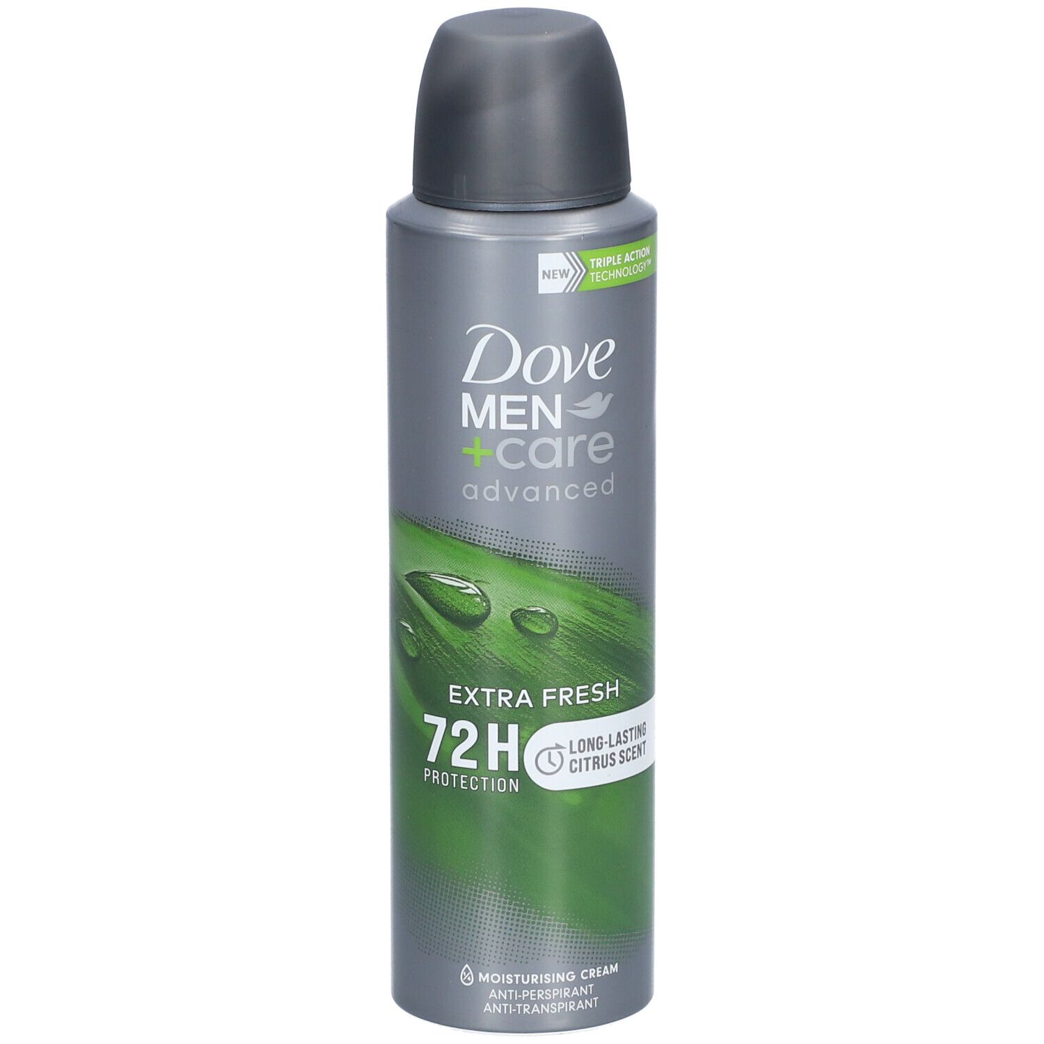 Deo-Spraydose, grau-grün. Dove Men+Care, Extra Fresh. 72H Schutz. Deckel grau. Tropfen- und Blattmotiv. "Neu"-Label.