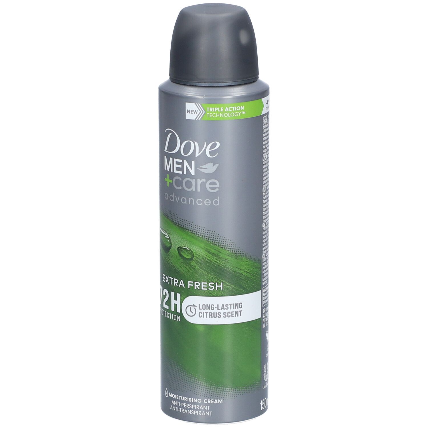 Deo-Spraydose, grau-grün. Dove Men+Care, Extra Fresh. 72H Schutz. Deckel grau. Tropfen- und Blattmotiv. "Neu"-Label.