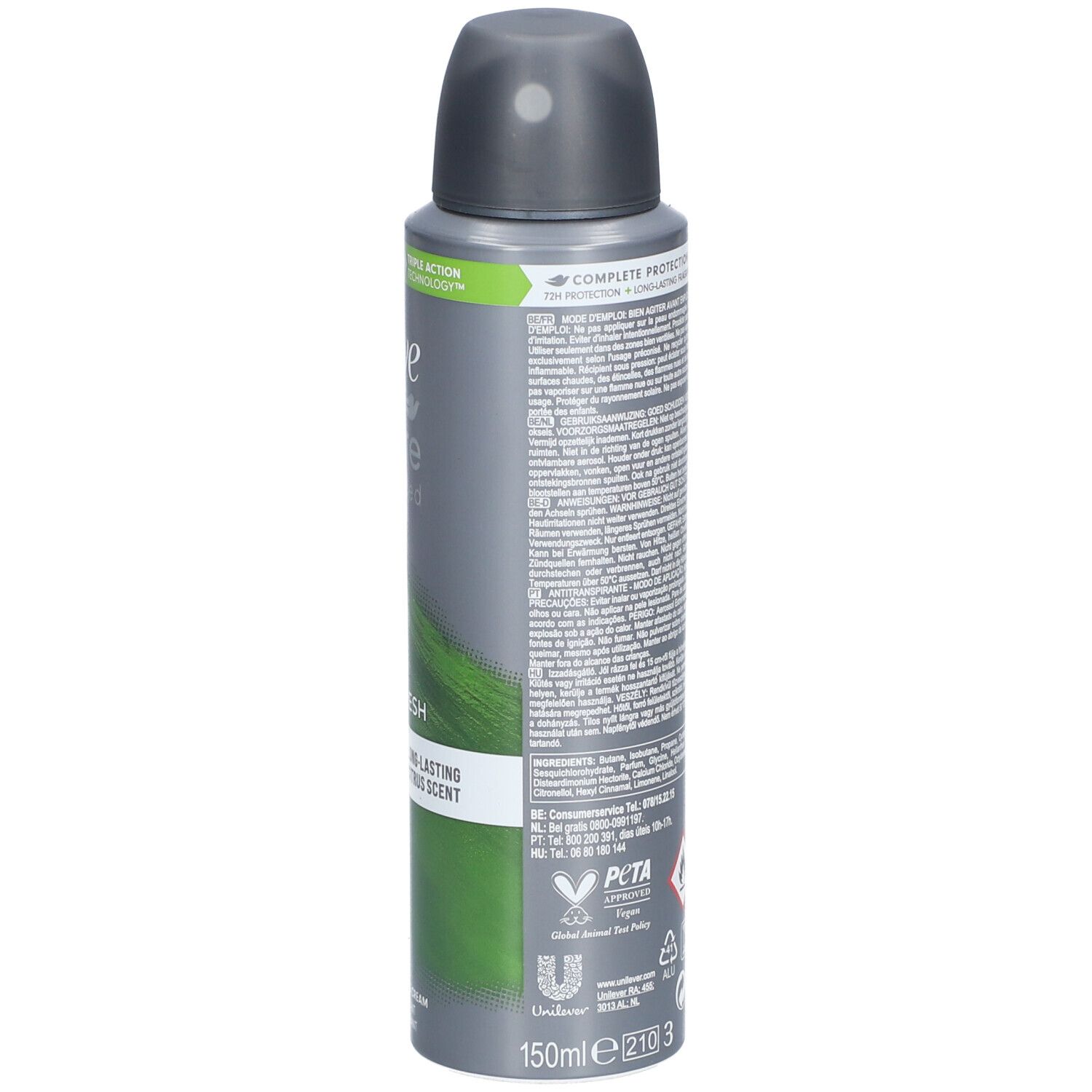 Deo-Spraydose, grau. Dove Men+Care. Text auf der Seite. PETA-Logo. 150ml. Grauer Deckel. Inhaltsstoffe.