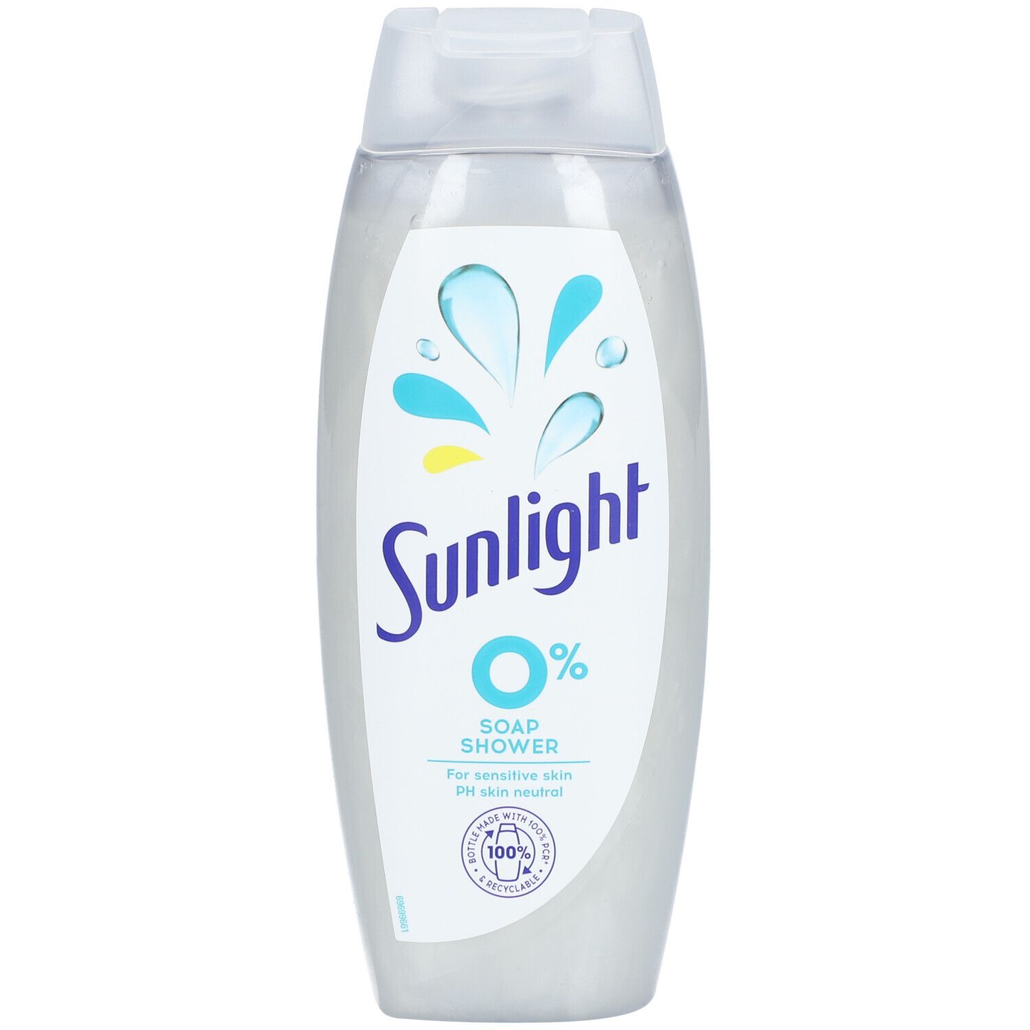 Transparante ovale fles met wit etiket. Opschrift Sunlight 0% Soap Shower. Voor de gevoelige huid. pH-neutraal. Met recyclinglogo.