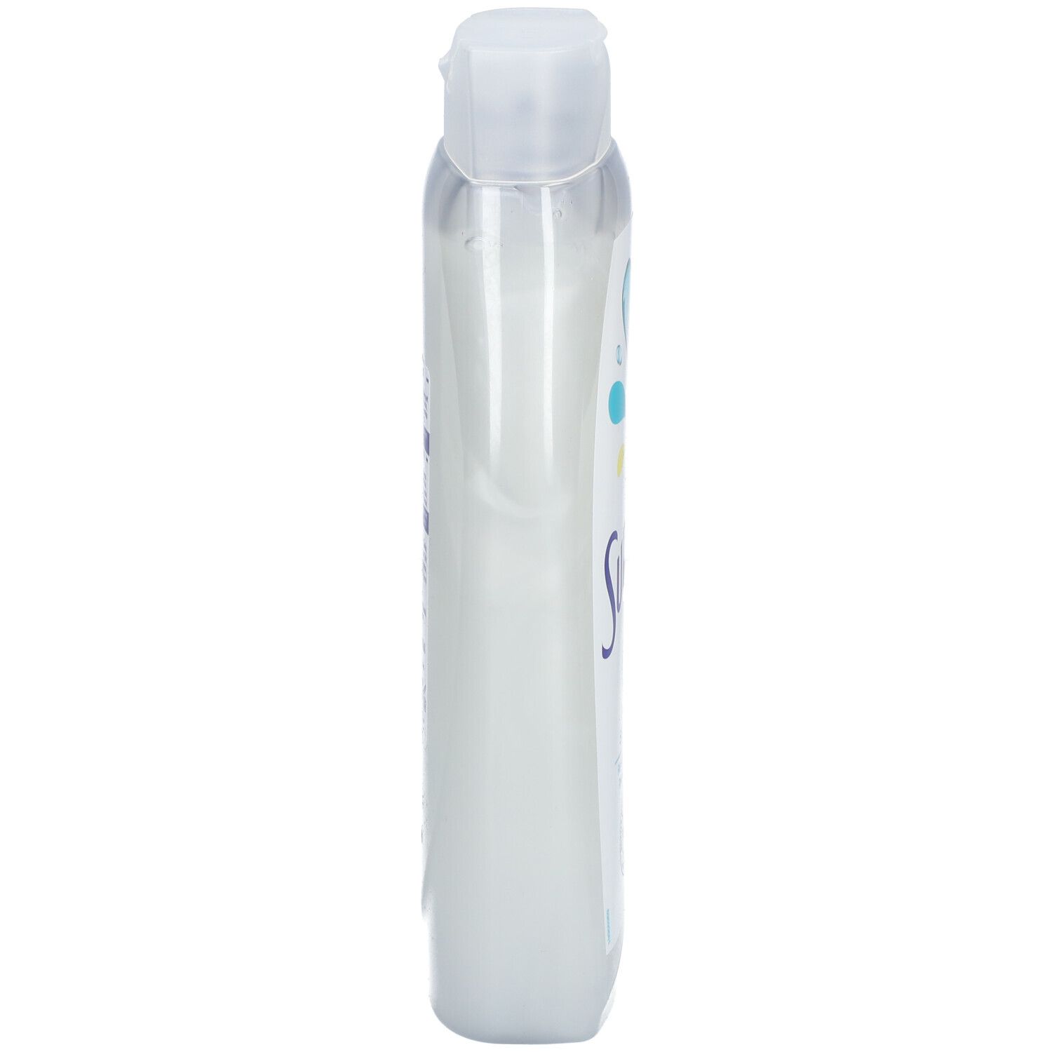 Smalle, transparante fles met witte dop. Zijaanzicht. Geen verdere details zichtbaar.
