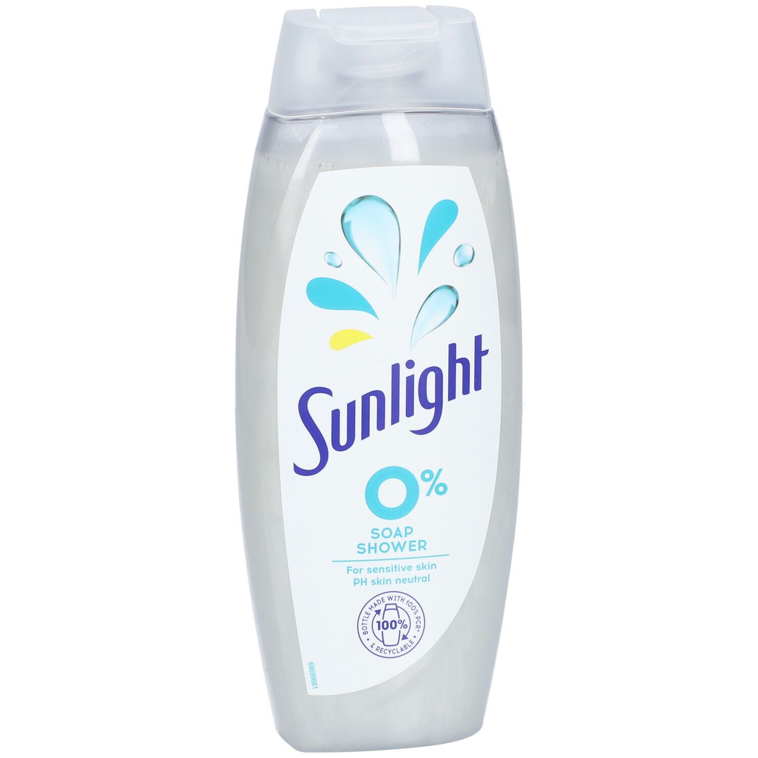 Transparante ovale fles met wit etiket. Opschrift Sunlight 0% Soap Shower. Voor de gevoelige huid. pH-neutraal. Met recyclinglogo.