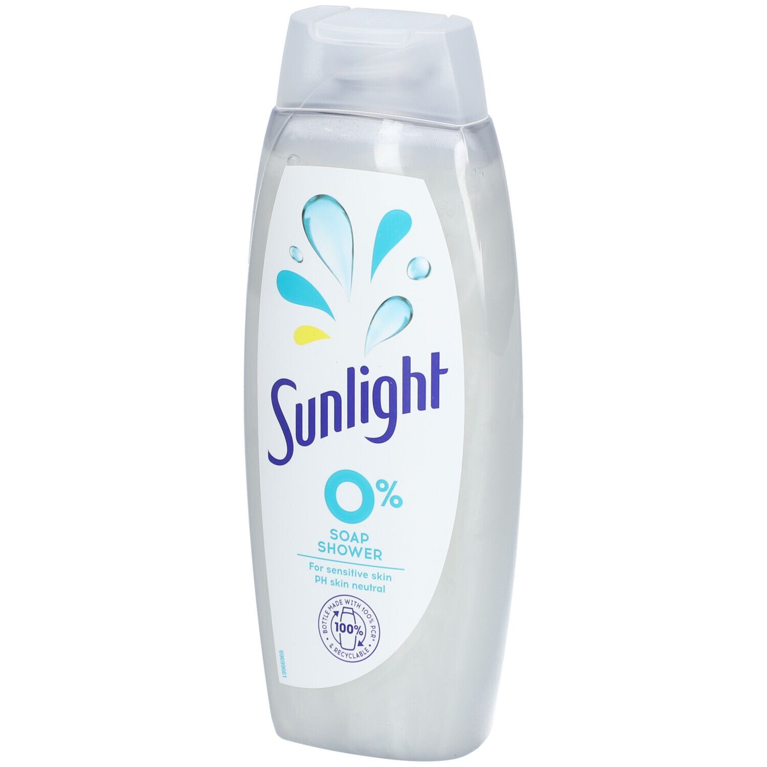 Transparante ovale fles met wit etiket. Opschrift Sunlight 0% Soap Shower. Voor de gevoelige huid. pH-neutraal. Met recyclinglogo.