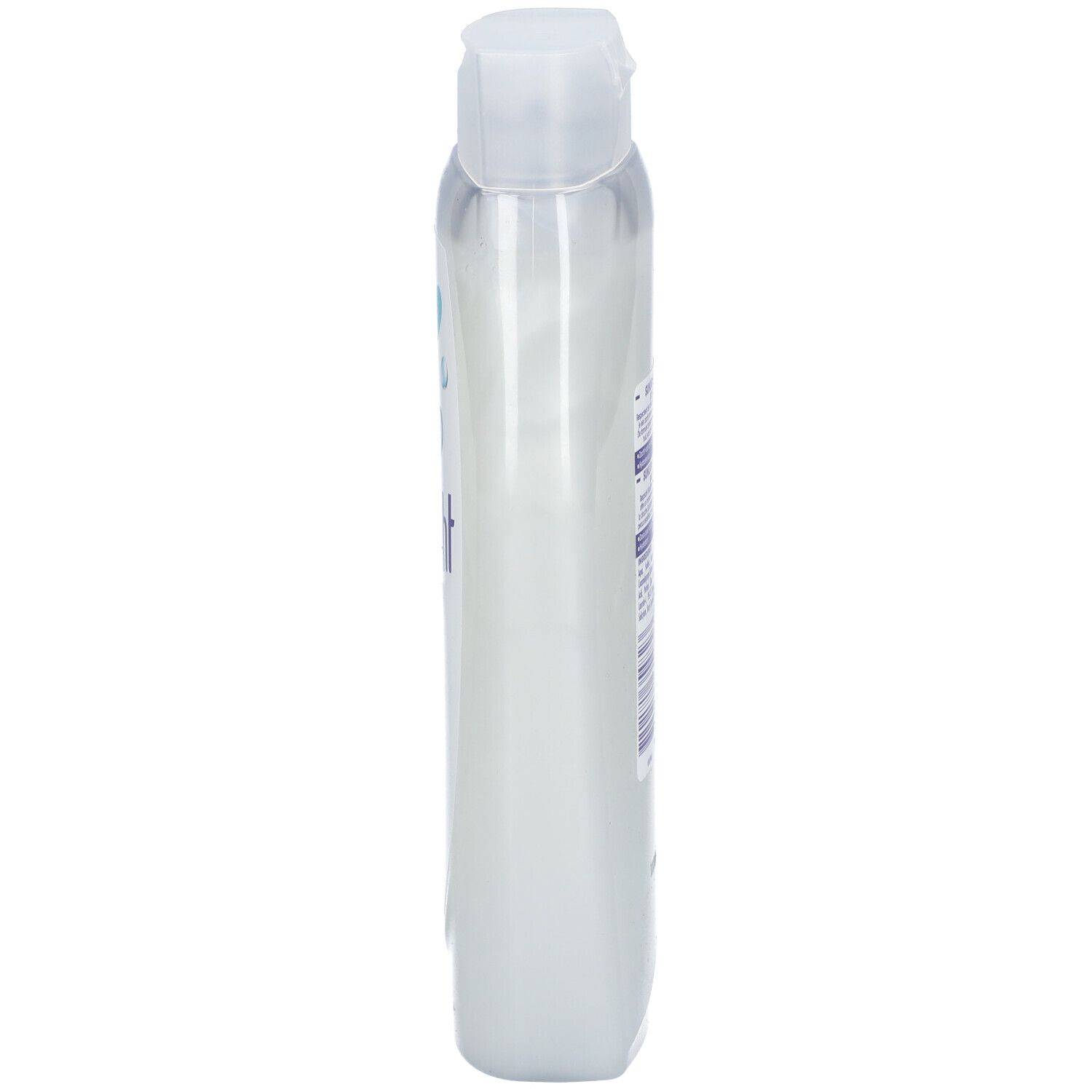 Smalle, transparante fles met witte dop. Zijaanzicht. Geen verdere details zichtbaar.