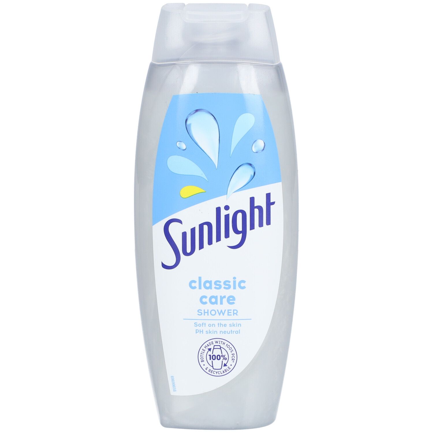 Sunlight Classic Care Shower. Transparante fles met blauw etiket. Bevat waterdruppelafbeelding en tekst.