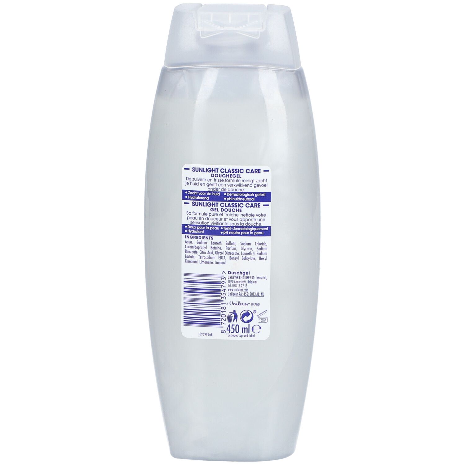 Achterkant van de Sunlight Classic Care Shower fles. Bevat tekst, ingrediëntenlijst en volume-aanduiding: 450 ml.
