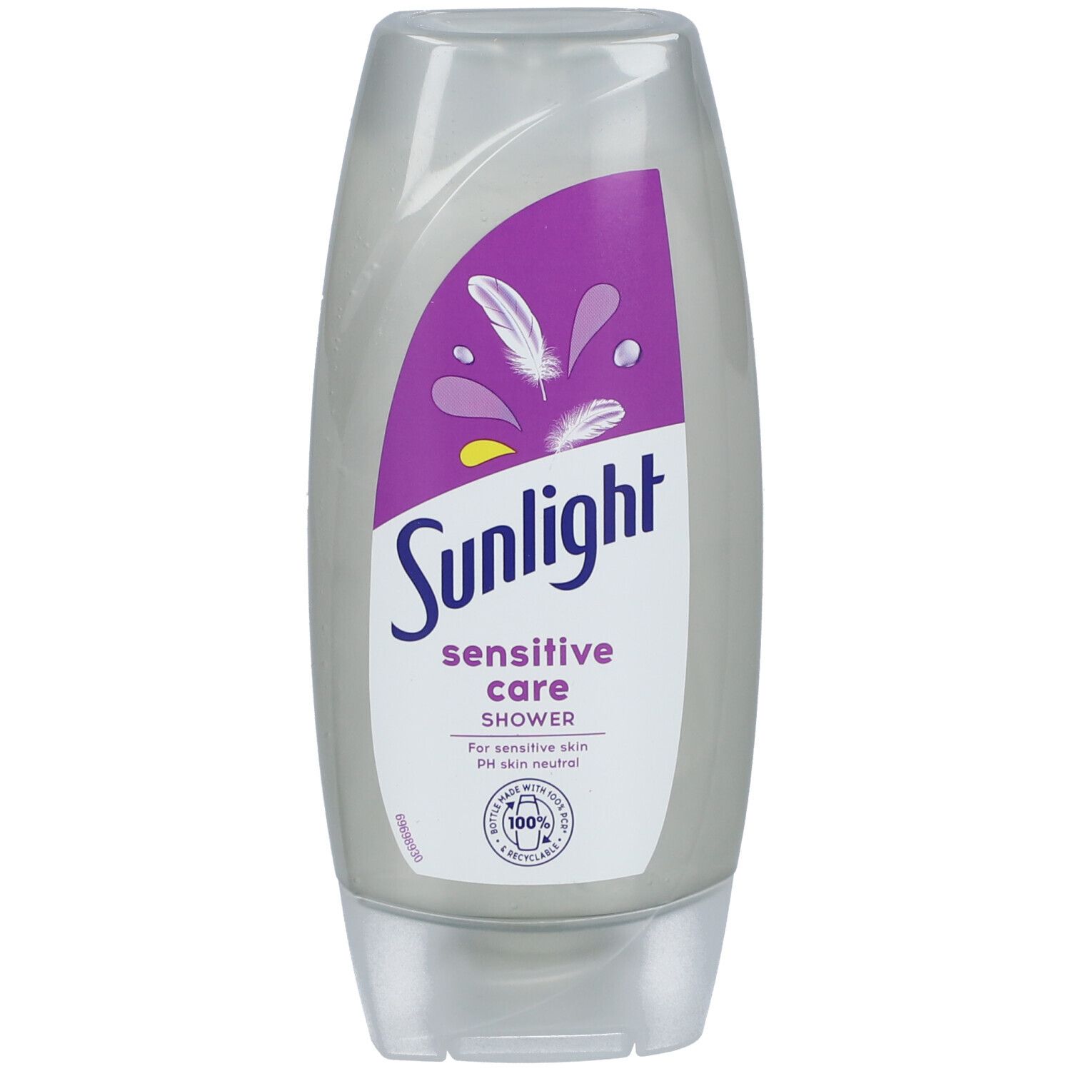Fles Sunlight Sensitive Care Shower. Witgrijze fles met paars etiket. Bevat veersymbool en tekst.